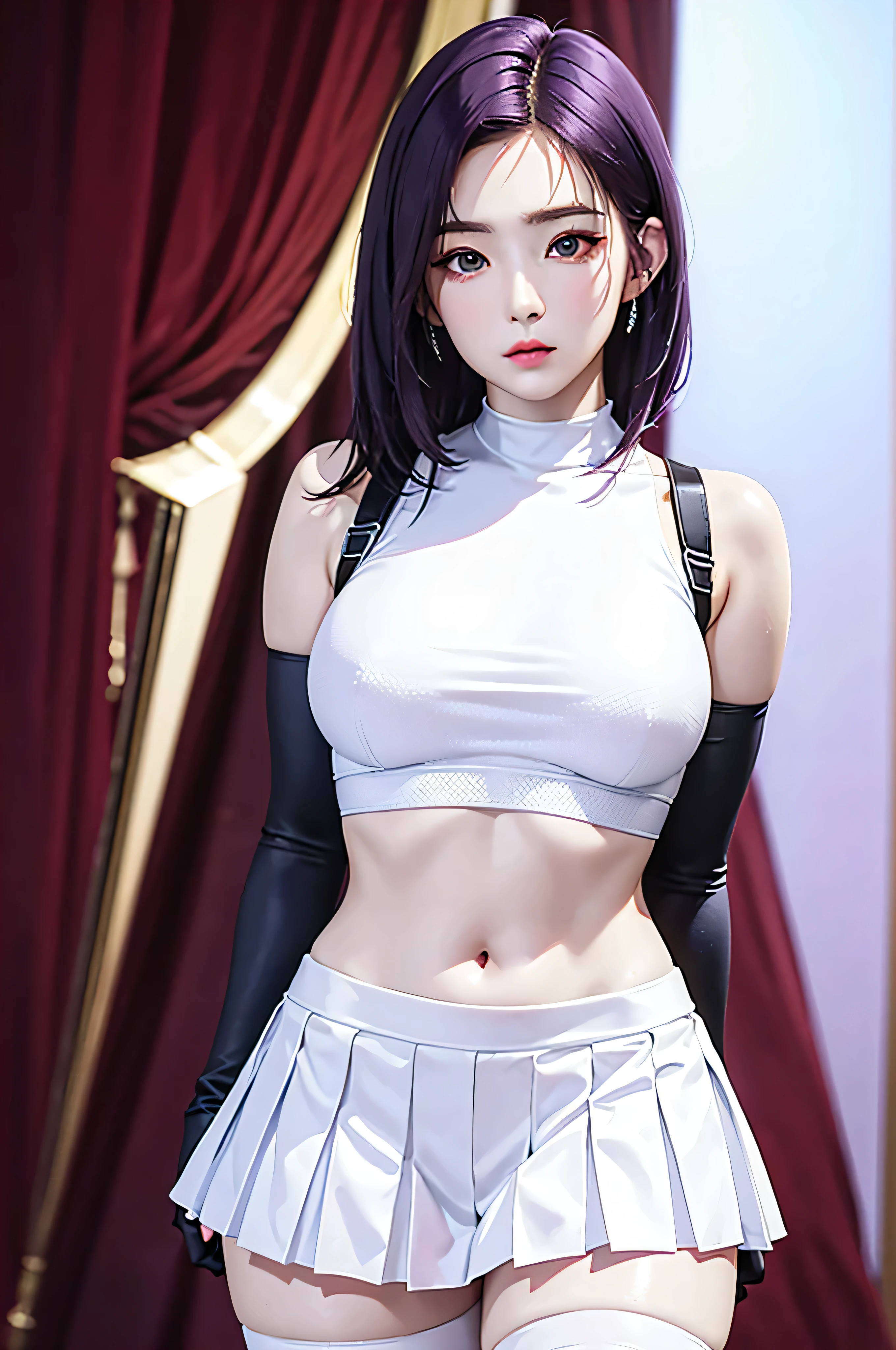 (Finest quality)),(A high resolution),(ultra-detailed art),(Meticulous portrayal),((Best Anime)),(Finest works of art),sharpness,Clear,Ultra-Precision Art,The art of astounding depiction,(masterpiece),
short Hair, purple hair, vibrant purple hair, extremely detailed hair, detailed bangs, with bangs, shoulder-length hair only,
pretty face, beautiful lips, soft lips,pretty face, close up face,serious face, pretty nose, beautiful nose,
pretty eyes, beautiful eyes, detailed eyes, perfect eyes, green eyes,
clear skin,white skin, soft skin, small bust, smooth skin,
korean girl, korean beauty, irene, red velvet irene,
tifa lockhart short hair,white crop top, white tank top, sports bra, suspenders, pleated miniskirt, black thighhighs, arm guards, elbow gloves, fingerless gloves,
standing, cool pose, full body, whole body,show navel, show neck,
super low-angle shot, no background,looking at camera,