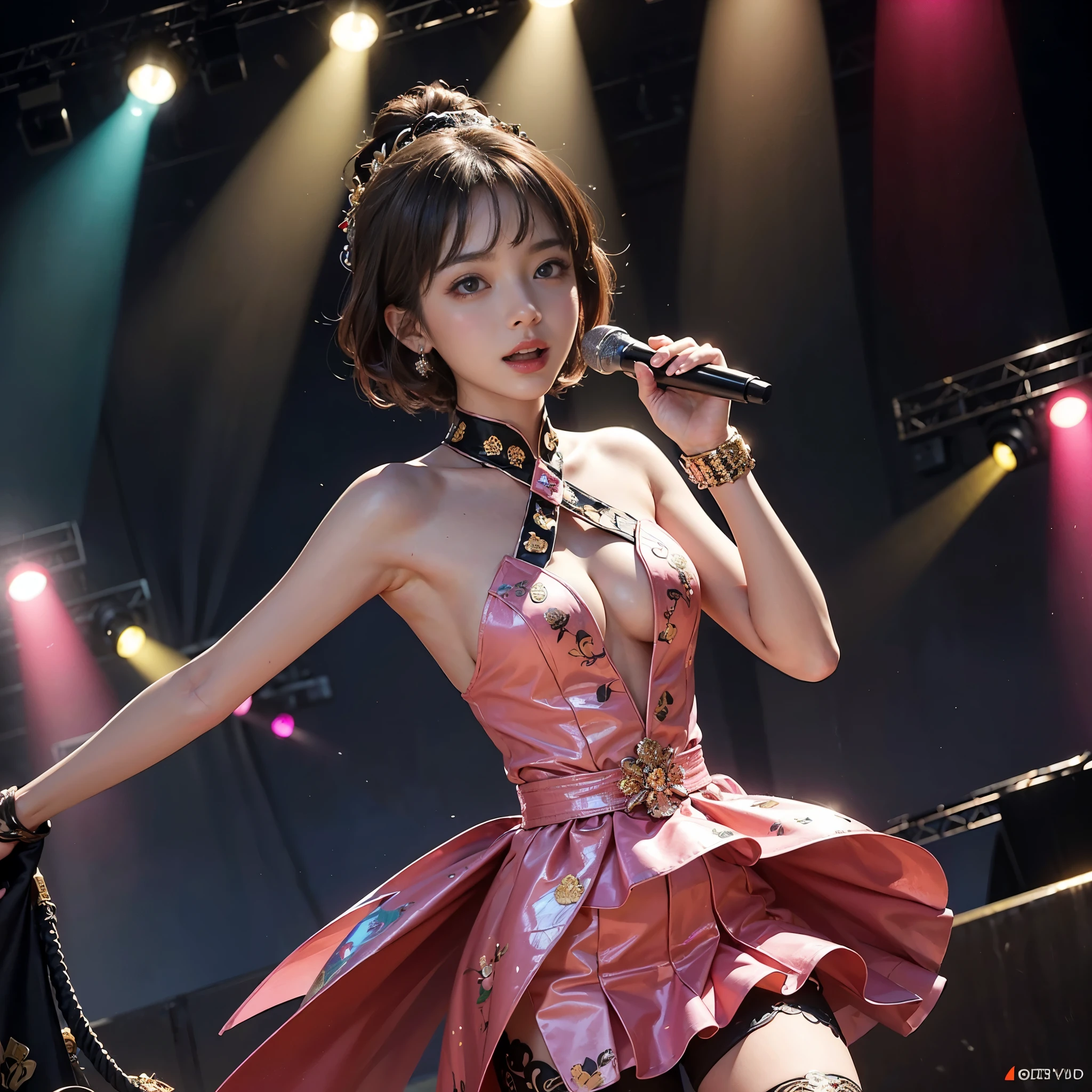 (1 Girl Solo, 1 Sexy Woman, Brown Hair, Short Hair, Bung, Waved Hair, Pink Idol Costume:1.4), Holding a microphone, Look at the viewer, (Cowboy Shot:1.3), ((anatomically correct)), (Futuristic Portrait), no futuro telhado de luz neon, SSCI - FI e Fantasia, intrincado e muito bonito e elegante, altamente detalhado, pintura digital, art-station, arte conceitual, smooth and sharp focus, illustration, Arte de Tan Zi e Ayanamikodon e Alphonse Mucha e Wlop, Idol Stage, idol dress, An idol performing on a vibrant stage, captivating the audience with their presence and talent, surrounded by an energetic crowd ((idol:1.1), live performance, vibrant atmosphere, stage lights, enthusiastic fans). The idol is dressed in a stunning outfit, adorned with intricate details and shimmering embellishments (detailed costume, sparkling accessories, embroidered designs). They exude confidence and charm, their eyes shining with enthusiasm and determination (expressive eyes, confident gaze). The stage is filled with dynamic light effects, creating a mesmerizing backdrop for the performance (colorful spotlights, swirling patterns, dynamic lighting). The idol's voice resonates through the venue, filling the air with a powerful melody (captivating vocals, mesmerizing voice). The overall scene is of the highest quality, with ultra-detailed visuals, sharp focus, and vivid colors (highres, ultra-detailed, sharp focus, vivid colors). The atmosphere is electrifying, as the idol shares their passion and talent with the audience (energetic performance, electrifying atmosphere). The prompt embodies the essence of an unforgettable idol stage experience (unforgettable experience, mesmerizing performance).