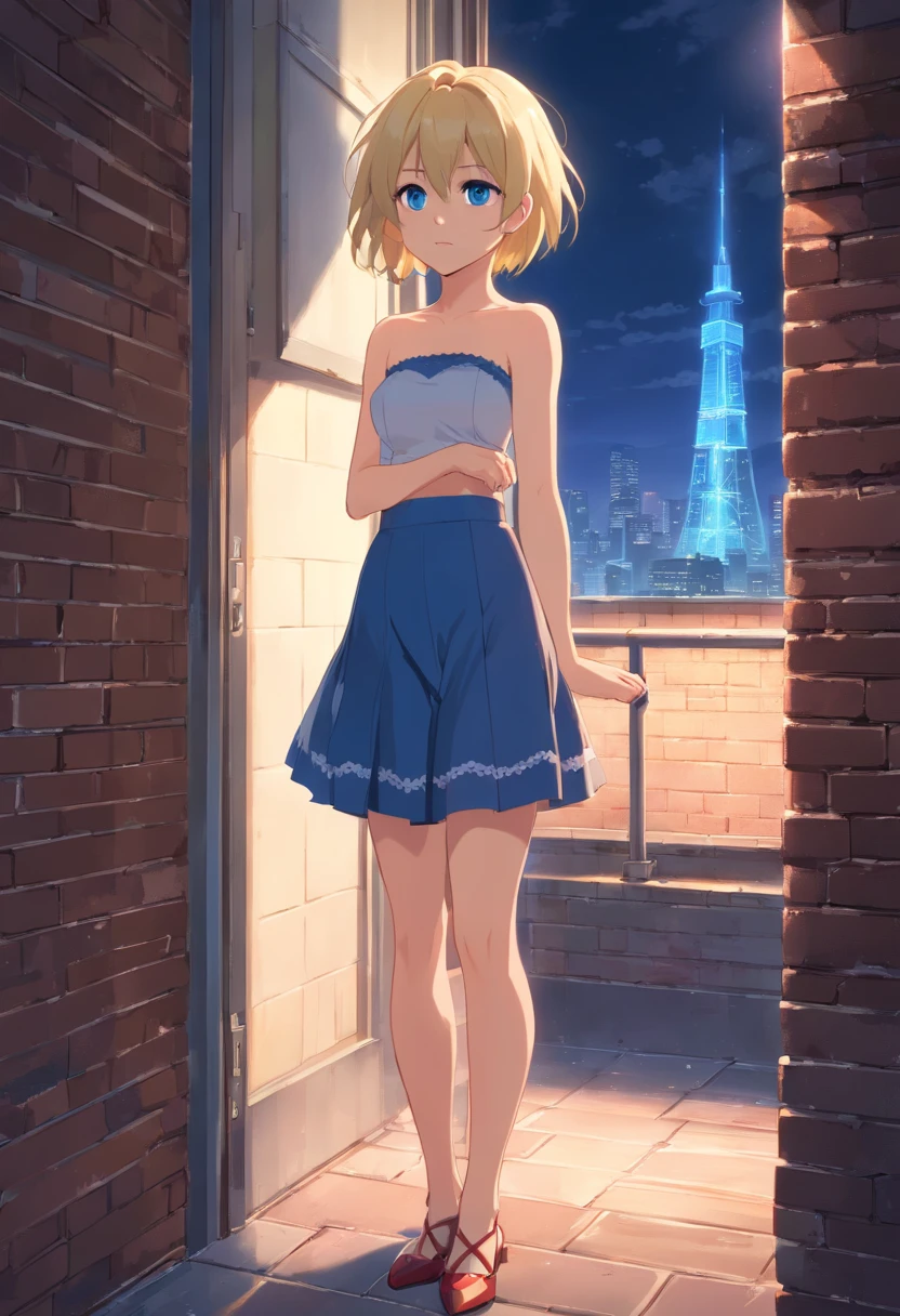  Women, ((Blonde)), ((Blue eyes)), ((Short hair)), ((Full Body)), She wears a strapless bra and lace panties, she is standing looking melancholy at the camera leaning against a brick wall in an apartment with a window that shows the city at night, she is wearing high heels, the floor is made of glass and it reflects her figure