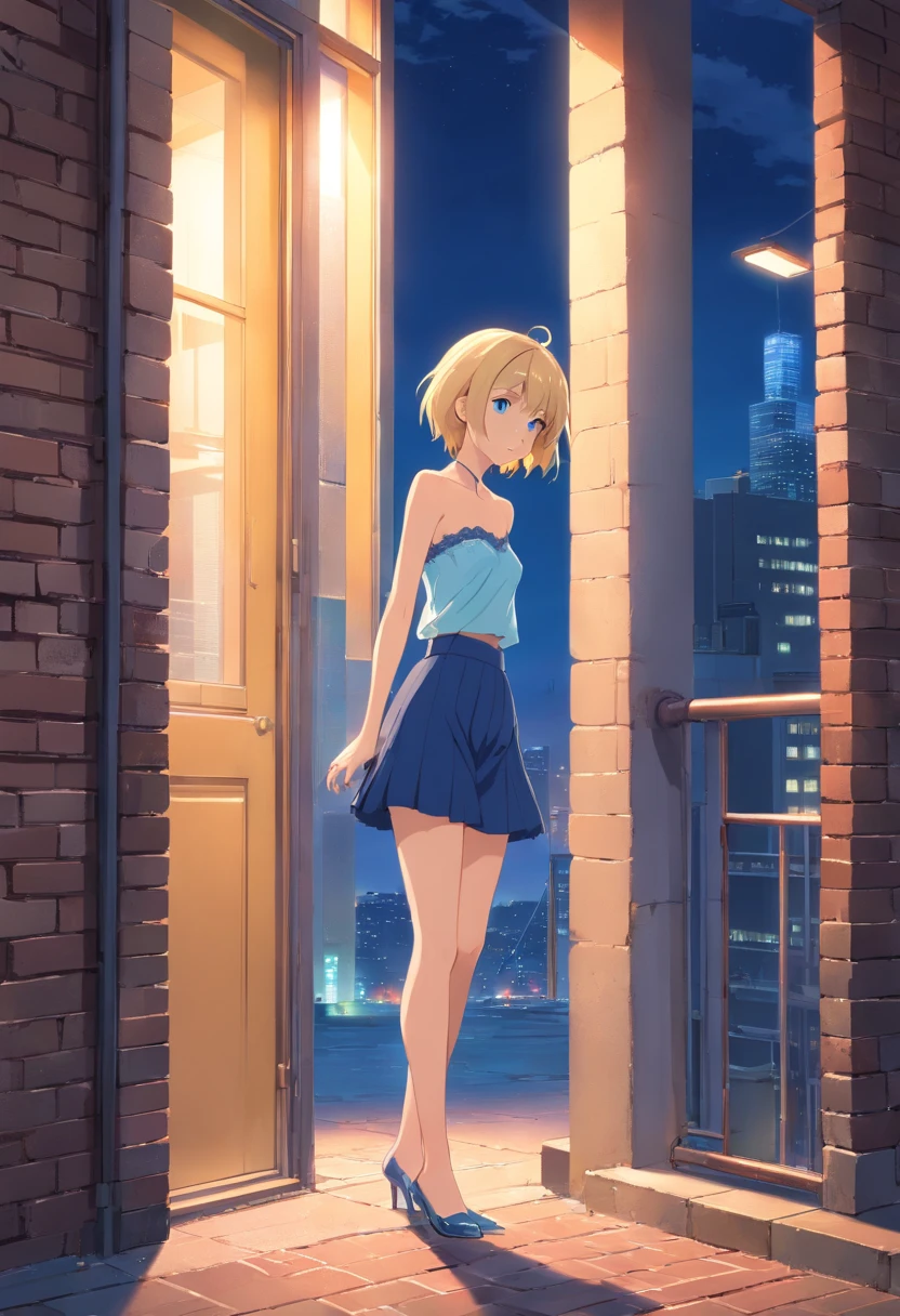 Women, ((Blonde)), ((Blue eyes)), ((Short hair)), ((Full Body)), She wears a strapless bra and lace panties, she is standing looking melancholy at the camera leaning against a brick wall in an apartment with a window that shows the city at night, she is wearing high heels, the floor is made of glass and it reflects her figure