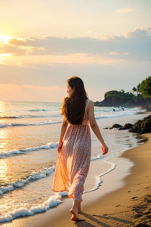 asian girl with long hair, Her flowing chestnut hair is perfectly beautiful, Golden coastline of tranquil beaches. Behind her is a beautiful sunset, warm, Orange glow enveloping a peaceful environment. She is vivid, A floral sundress fluttering gracefully in the breeze, accentuate her slender figure. Barefoot and soft, White Sand, She feels the earth on her skin.
A gentle seaside symphony unfolds around her, Gentle waves rhythmically crashing onto the shore. Seagulls are enjoying the sky々and glide, add