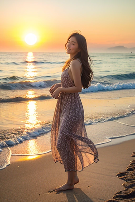 asian girl with long hair, Her flowing chestnut hair is perfectly beautiful, Golden coastline of tranquil beaches. Behind her is a beautiful sunset, warm, Orange glow enveloping a peaceful environment. She is vivid, A floral sundress fluttering gracefully in the breeze, accentuate her slender figure. Barefoot and soft, White Sand, She feels the earth on her skin.
A gentle seaside symphony unfolds around her, Gentle waves rhythmically crashing onto the shore. Seagulls are enjoying the sky々and glide, add