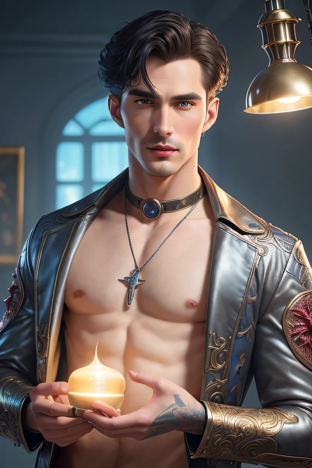 A handsome man, Vampire in seductive pose (Masterpiece Award-winning High Quality:1. 2) With long brown hair, Fangs, , rous red lips, blue eyes, Delicate face, Full focus, very complicated, (Small silver heart pendant:0. 9), Movie, [style：stanley artgermm, Tom Bagshaw, Kahn Griffiths], Super detailed, full of color, (Dim Lights, crazy, amazing, dramatic, Finished artwork, Headquarters:1. 1), 16K, Ultra HD, HDR, (masterpiece:1. 5), (best quality