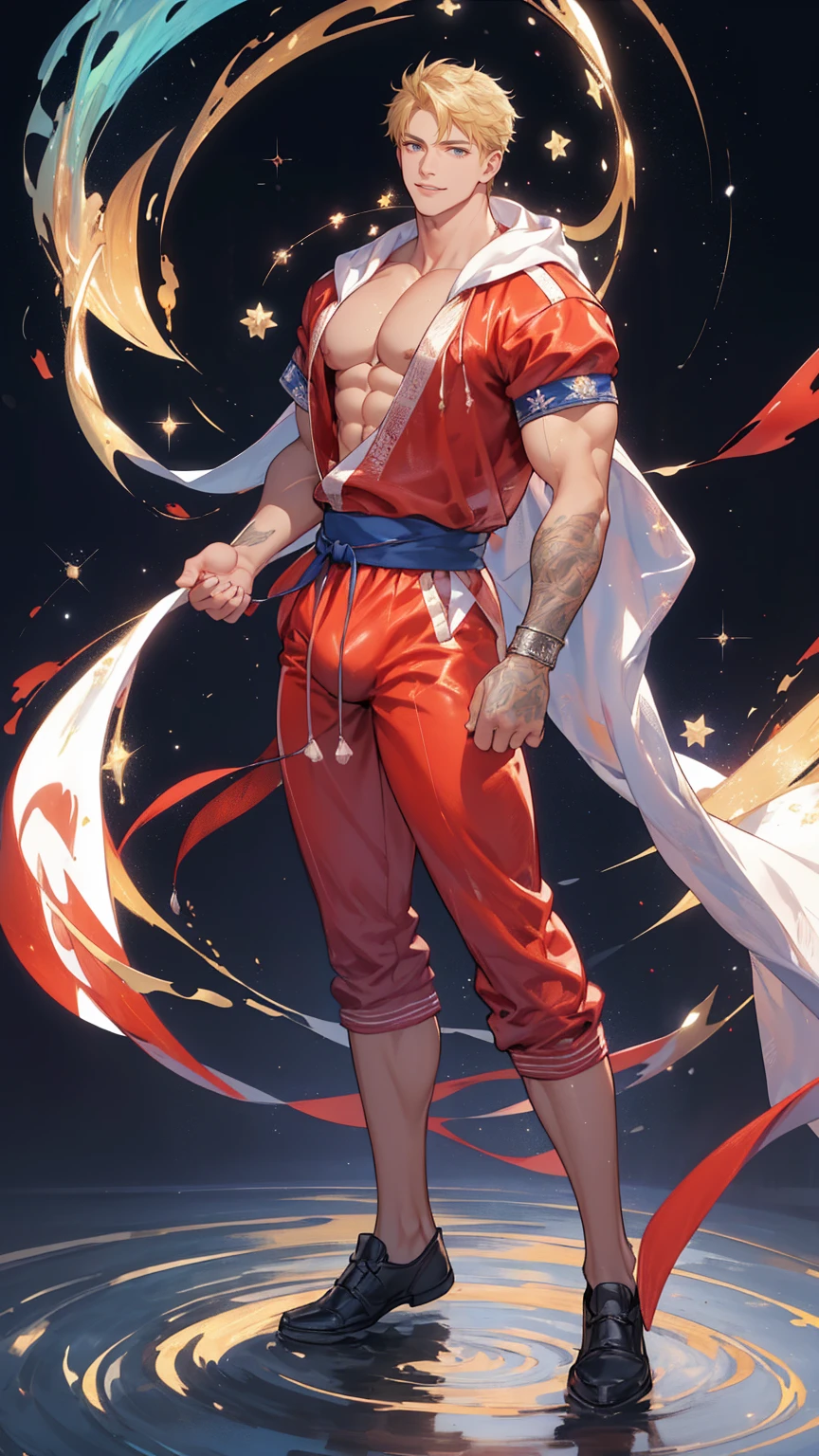 (KEN FROM STREET FIGHTER IN RED KARATE COSTUME) (1man,solo,male) (FULL BODY POSE) ((GIGACHAD GIANT MUSCULAR BODY)) ((BIG BULGE, BIG ASS, BIG THIGH, SEXY POSE)) ((WEAR FUNDOSHI)) ((WHITE SKIN)) ((BLONDE HAIR)) | FLOATING IN THE SPACE WITH STARS (SPARKLE) BACKGROUND IS (BLUE SKY AZURE HORIZON) | big CHEST, FULL BODY, large ASS, open legs, show BULGE, smile, portrait knights of zodiac, extremely detailed ((pixiv arts)), high detailed official artwork, [ tarot card ]!!!!!, detailed key anime art, knights of zodiac anime, beautiful celestial mage, firefly from honkai star rails, full body | (dynamic angle:1.1), outline, ((thick lineart)), cover, stylish, official art, (details:1.2), (fantasy), garden, (bloom:1.1), glow:0.2, shadow, nature, flower, splash water, crystal, snowflakes, particles, bokeh, anamorphic light (depth of field), sharp focus, (volumetric lighting), (bokeh:0.6), film grain:0.4, (soft lighting:1.1) | high-quality, ultra-detailed illustrations, ultra-high resolution, (high resolution,overwhelmingly pixel-perfect,luxurious illustration), (Ultra Quality, Masterpiece, Ethereal:1.4) photorealistic:.1.4, UHD (8k, RAW photo, best quality, masterpiece:1.2)