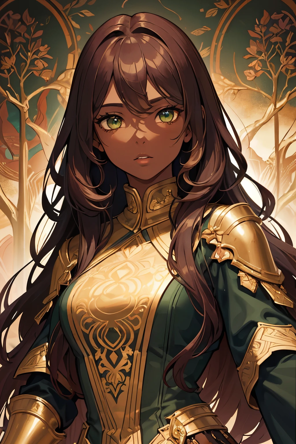 Dark skin, Beautiful detailed young woman, Reddish-golden brown hair, long, Wavy and chaotic poetry, Perfectly detailed green eyes, Realistic and beautiful precise symmetrical face, (Magic forest wallpaper),  Armored leather guard uniform, Fairy, Wildflowers blend into the hair, Full body, Masterpiece, Absurdities,the tiny details, Rich colors, Dramatic lighting, Very detailed, Cinema lighting