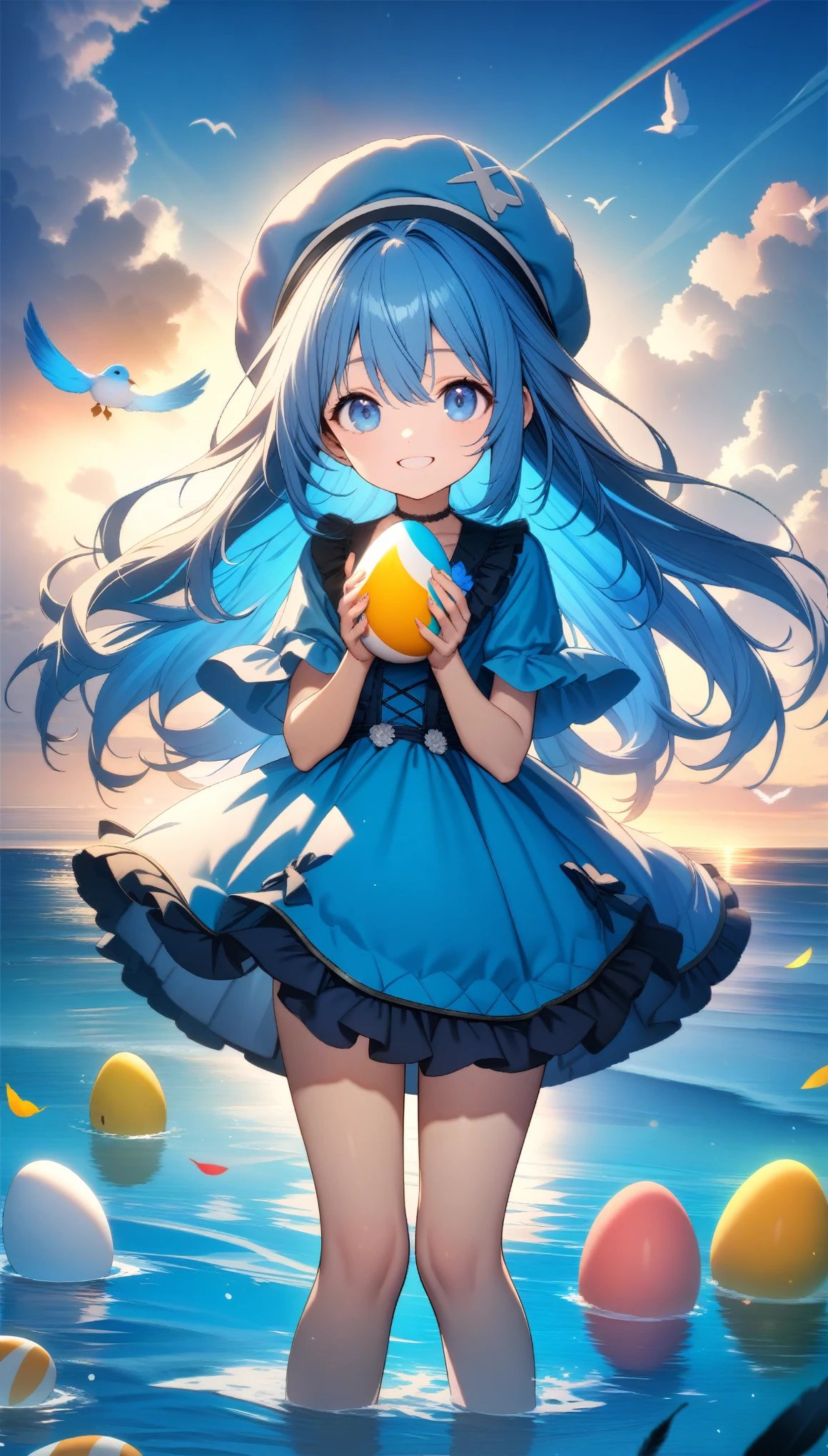 32k, best quality, ultra high res, HDR, UHD, extremely detailed CG, unity 32k wallpaper, A world full of eggs, 18-year-old, Holding a rainbow-colored egg in both hands, Very cute girl, Blue Hair, Long Hair, blue eyes, A beautiful and cute blue dress, from the front, A very beautiful sea background, Standing on the water, Particles that glow blue, bird, cloud, Egg with wings, Close your mouth and smile happily, Cute hat with feathers,  