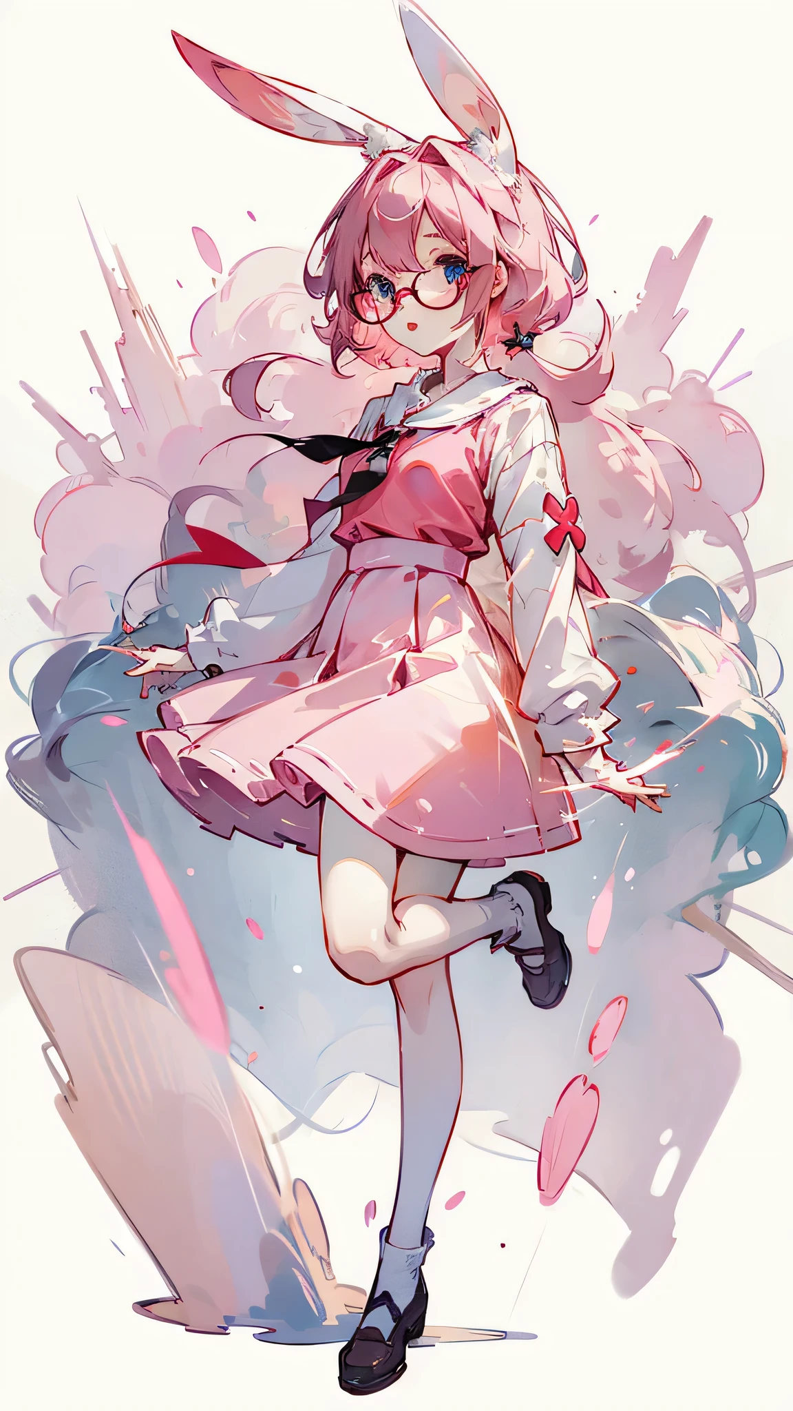 Pink hair, cute bunny girl, blue eyes, pale skin, wearing red glasses, cute, kawaii, masterpiece, high quality, detailed face, full body