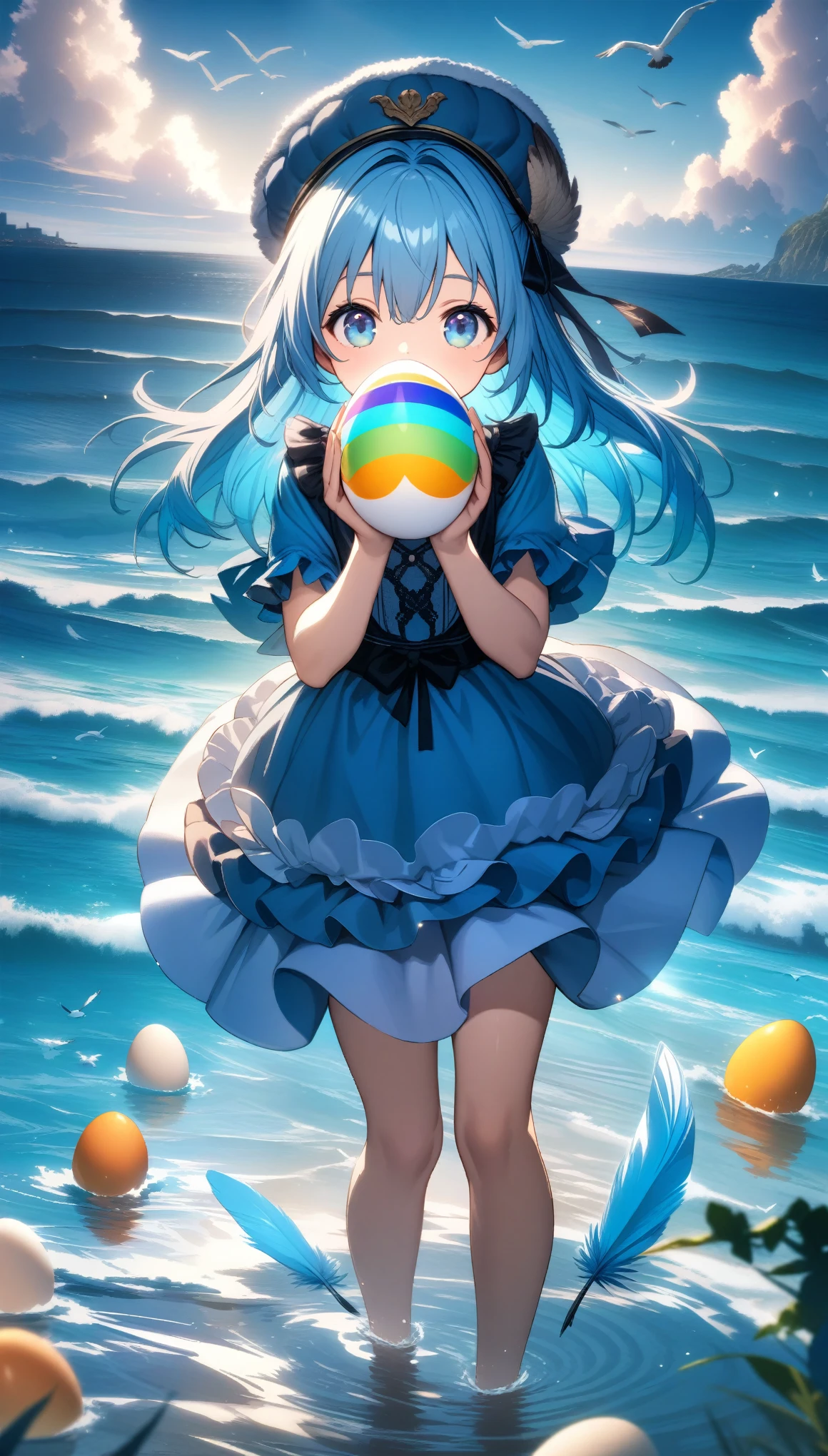 32k, best quality, ultra high res, HDR, UHD, extremely detailed CG, unity 32k wallpaper, A world full of eggs, 18-year-old, Holding a rainbow-colored egg in both hands, Very cute girl, Blue Hair, Long Hair, blue eyes, A beautiful and cute blue dress, from the front, A very beautiful sea background, Standing on the water, Particles that glow blue, bird, cloud, Egg with wings, Close your mouth and smile happily, Cute hat with feathers,