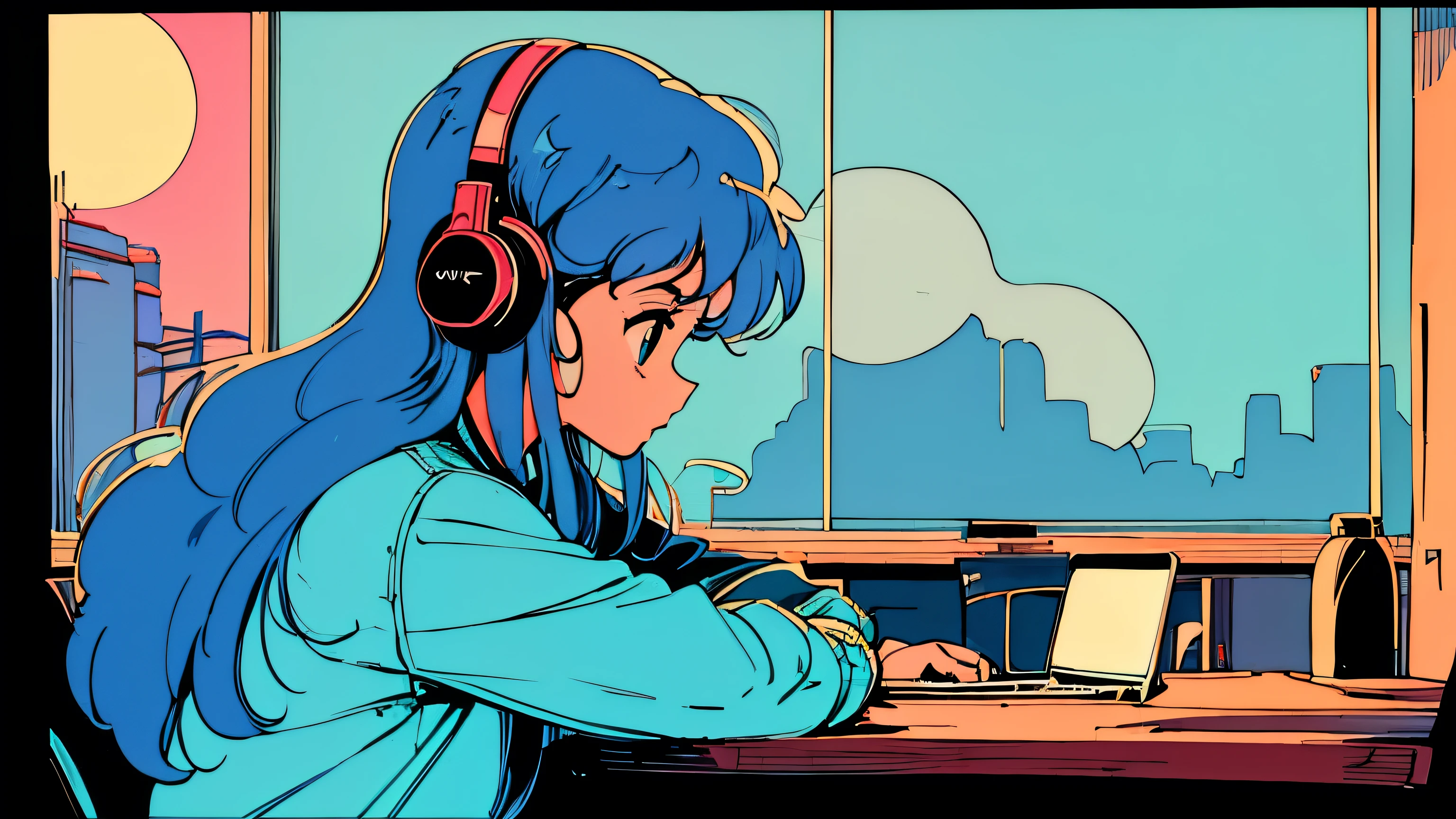 City pop style art, Light light blue hair, long hair, Wearing headphones, Futuristic yet lo-fi, Retro, Vintage, Ghost,masterpiece, (( Side Shot)), Sit at a desk and concentrate on studying, Laptop and coffee on the desk, Sunset, (( evening )), (( Looking down ))