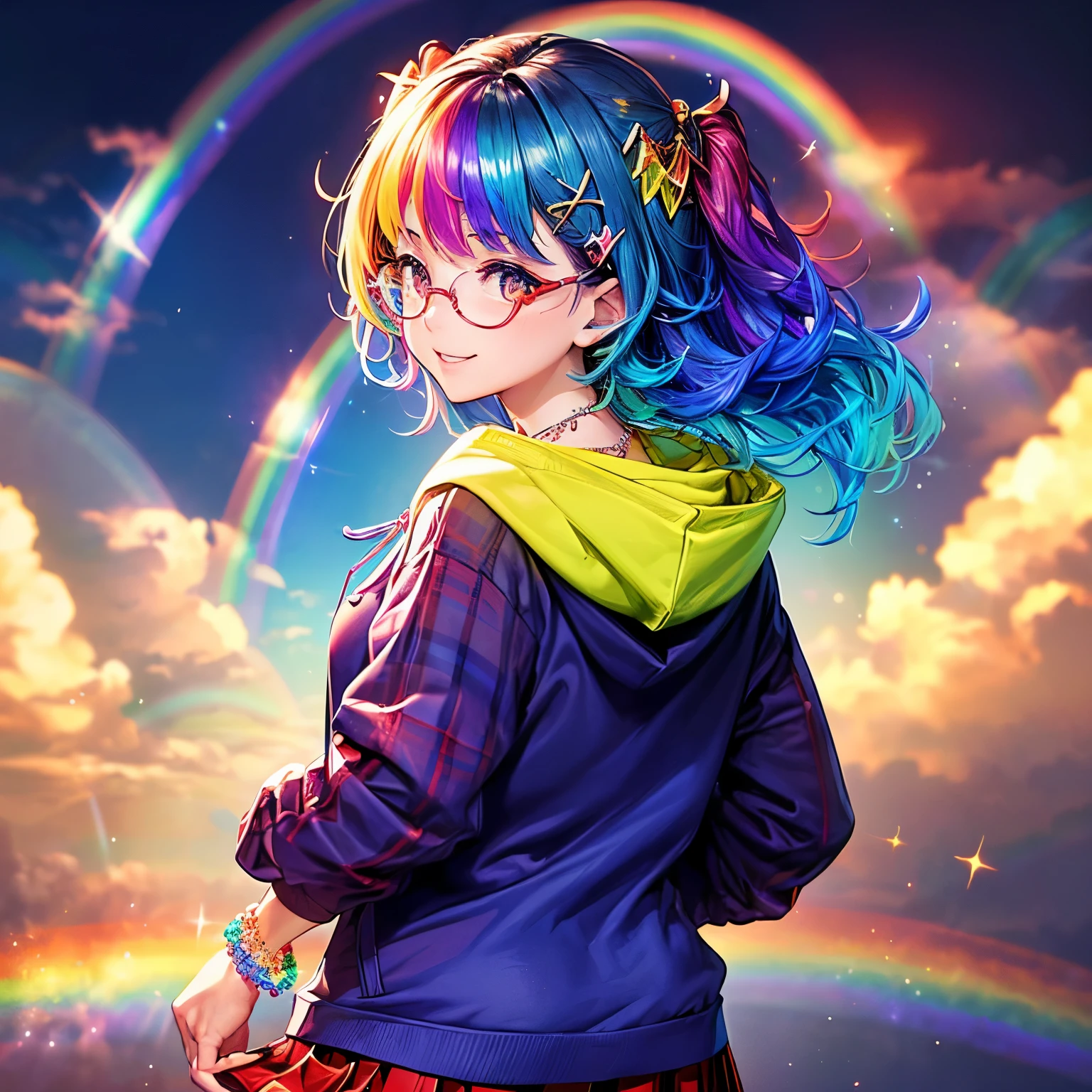 ((worst quality, low-quality)), masutepiece, Best Quality, ultra-detailliert,​ masterpiece, (Background of a big rainbow in the blue sky), (close-up: 1.3), (face focus: 1.4), (gals:1.2), ((big breasts)), (((Looking back))), (cute Pose:1.2),(Uniform: 1.2), (Wear a rainbow-colored oversized zip hoodie on top: 1.4), (White collared shirt that fits the body: 1.3), (Red Plaid Pleated Skirt:1.3), plump shiny lips, Beautiful clear eyes, (The best smile), Spoken Heart, ((Necklace,Colorful bracelets,X Hair Ornament):1.2), (Rainbow-colored frame under-rim glasses:1.4), ((glow rainbow)), (rainbow particles, rainbow sparkles, rainbow rays:1.4),