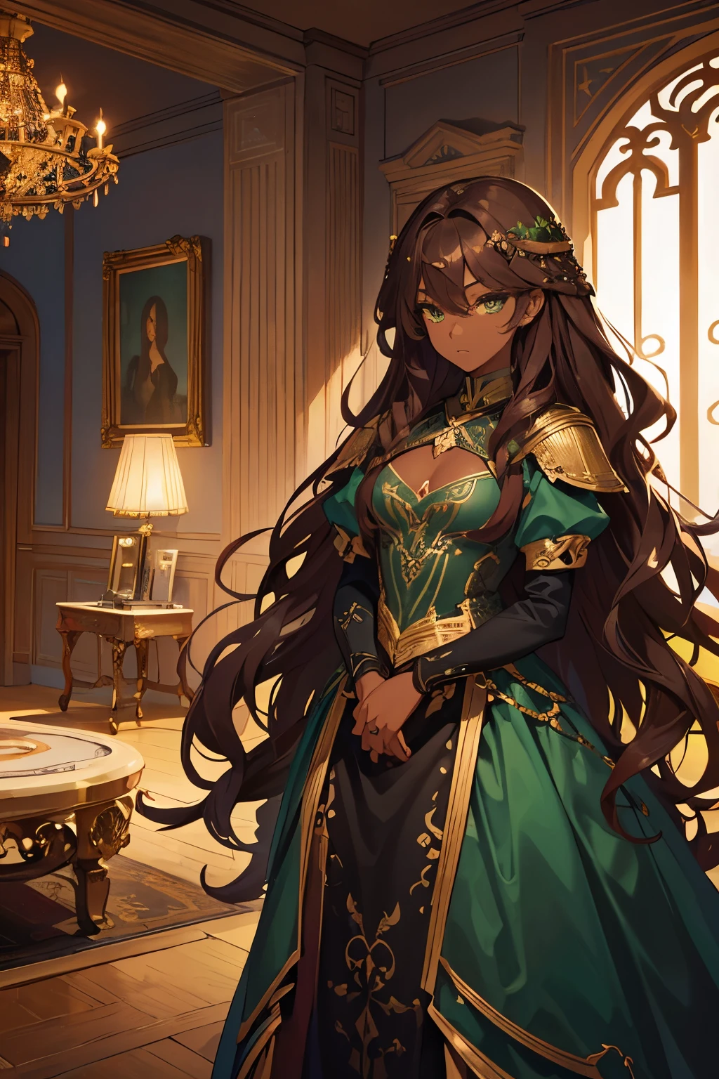 Dark skin, Beautiful detailed young woman, Reddish-golden brown hair, long, Wavy and chaotic poetry, Perfectly detailed green eyes, Realistic and beautiful precise symmetrical face, (Magic forest wallpaper), Armored leather guard uniform, Fairy, Wildflowers blend into the hair, Full body, Masterpiece, Absurdities,the tiny details, Rich colors, Dramatic lighting, Very detailed, Cinema lighting