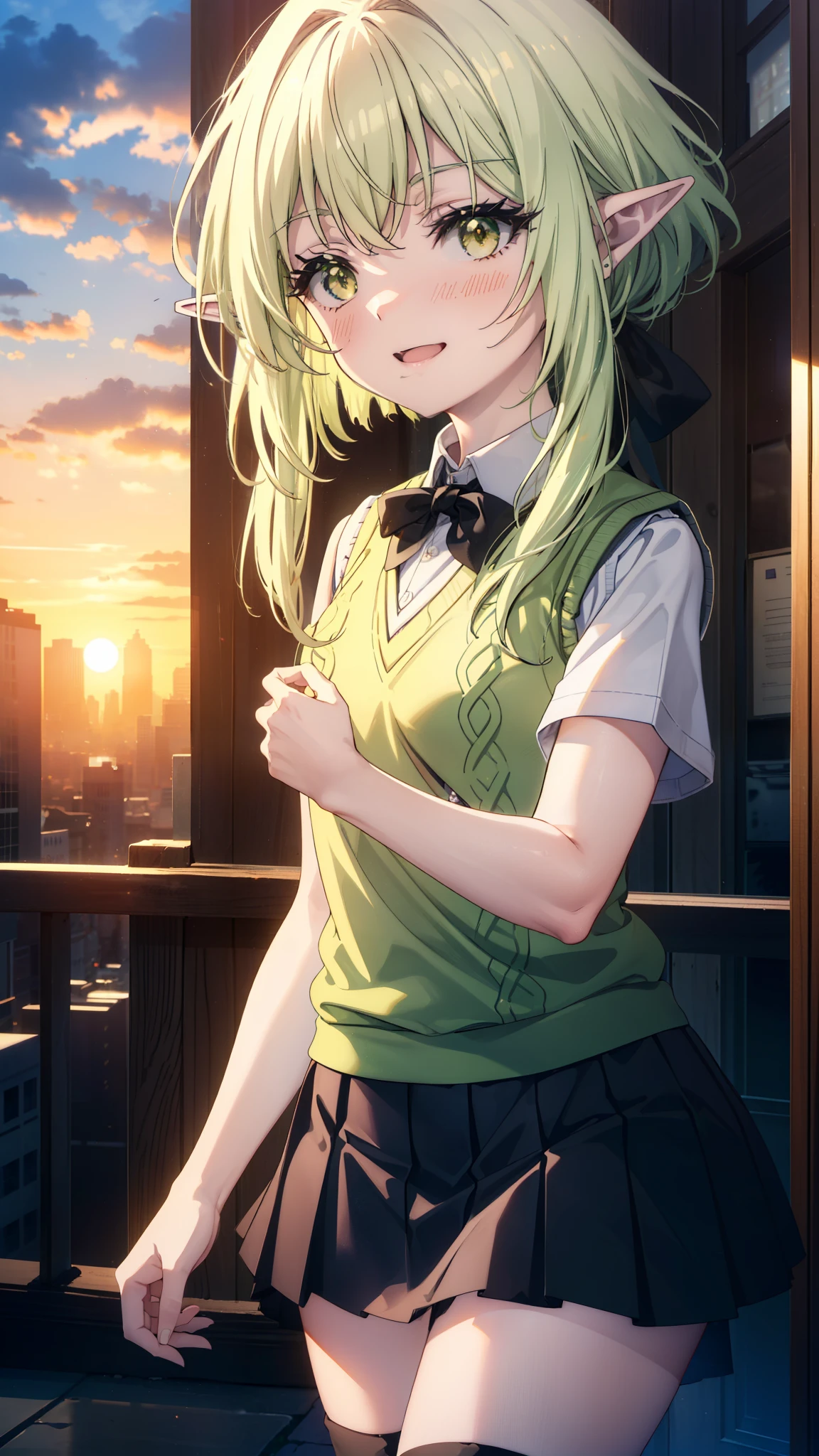 High Goblin Archer, high goblin archer, Long Hair, (Green Eyes:1.5), bow, hair bow, black bow, Side Lock, Green Hair, Pointy Ears, happy smile, smile, Open your mouth,white yシャツ, Short sleeve, Pleated skirt, socks, Collared shirt, mini skirt, White knee socks, (Black Skirt:1.5), Sweater vest, (green Sweater vest:1.5),Brown Loafers,sunset,evening,The sun goes down,whole bodyがイラストに入るように,Walking,Looking down from above,
break outdoors, city,Building Street,
break looking at viewer, whole body,
break (masterpiece:1.2), highest quality, High resolution, unity 8k wallpaper, (shape:0.8), (Fine and beautiful eyes:1.6), Highly detailed face, Perfect lighting, Highly detailed CG, (Perfect hands, Perfect Anatomy),