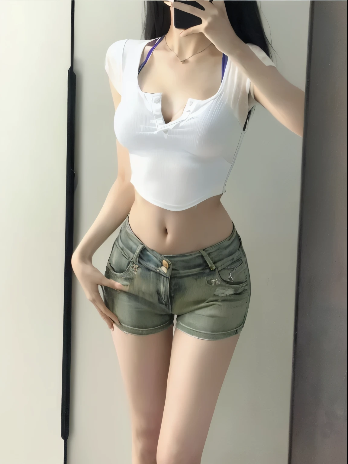 A woman takes a selfie in front of the mirror with her mobile phone, Photos of slim girls model, Photos of slim girls, 2 4--old ale model, Thin waist, Thin waist, Thin waist and thick hips, Navel exposed, Her belly button is exposed, with a Thin waist, Sexy girl wearing shorts, half body crop, Waist Shot
