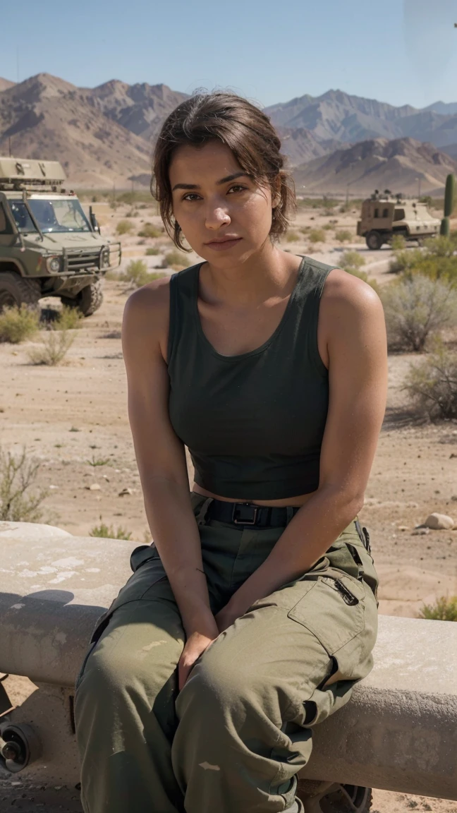 A high-quality, colored image capturing a fascinating scenario of a female military personnel stationed in the Middle East. She has short hair and is dressed casually in a black tank top and khaki tactical cargo pants. The woman is seated nonchalantly on the hood of a tactical Humvee vehicle, exuding confidence and ease. She is weapon-free, and the background reveals a bustling military base in a desert landscape, with various military vehicles and personnel in the distance. The overall atmosphere of the photo is relaxed and genuine, showcasing a moment of respite amidst the demanding environment., photo