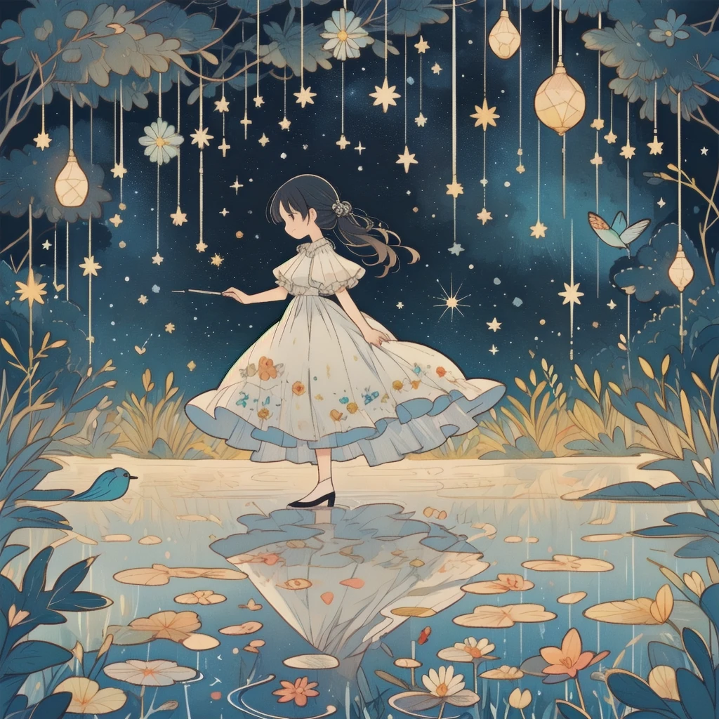 natural lighting, soft smile, seductive grin, upturned cheeks, half up-do, floating hair, coquettish hair, slightly shining hair, dress, silk, satin, silky gloss, 1girl, solo, evening, starry sky, spring ephemerals, profile, crystal, glassy gloss, amorphous dress, tropical bird, fire fly, lighting fly, butter fly, morpho, jewelry, ornaments, antique,