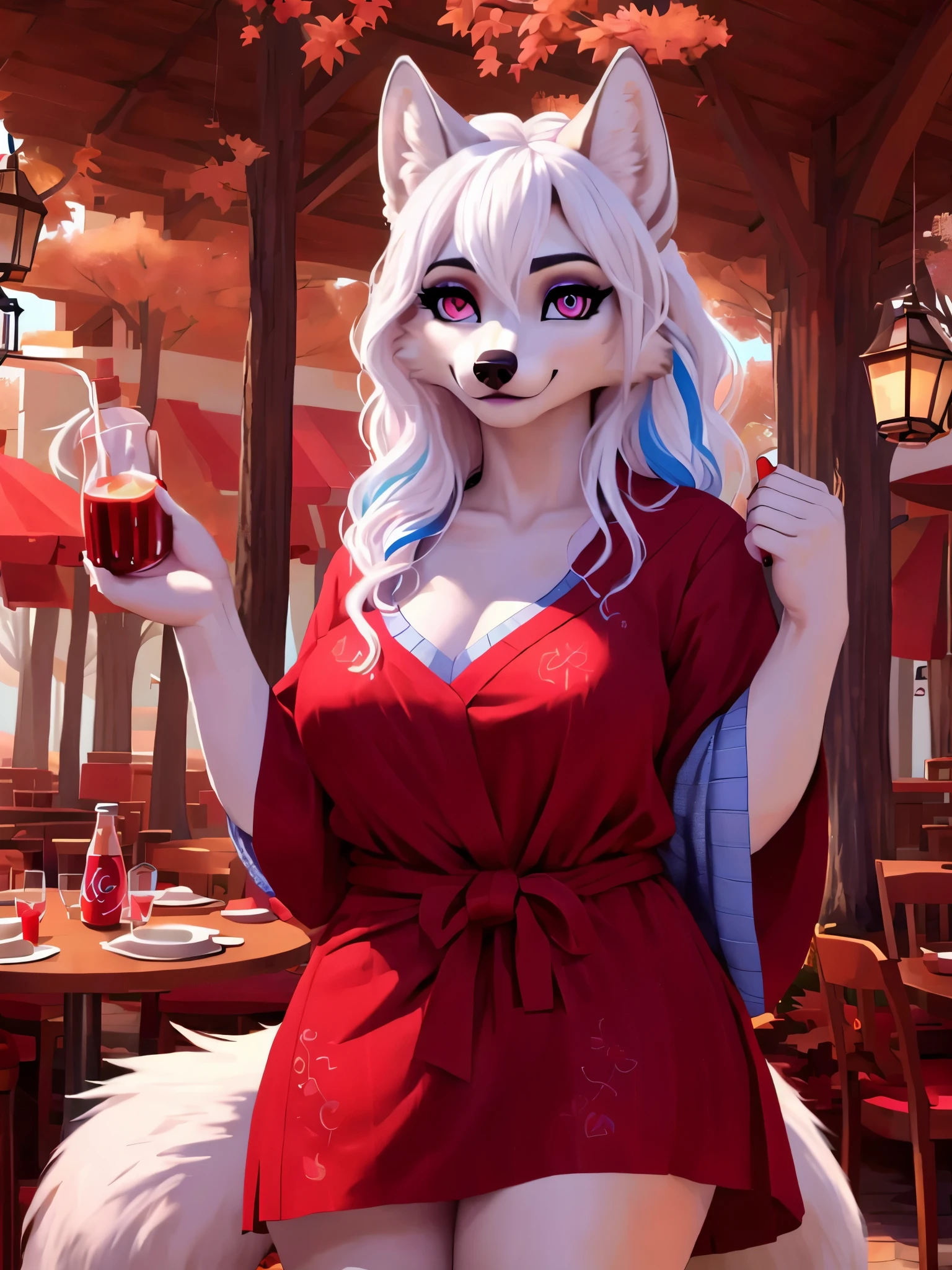 highly deColaed hands, (cuatro dedos del pie), cuerpo completo, foto, (Hyper realistic, 8K, Calidad superior:1.2), (high deColas, extremely deColaed, absurdos), obra maestra, hermoso y estetico, (blanco furry anthro wolf female:1.3), curvas, (tupido_Cola:1.3), ((ropa normal, ropa, (sin dedos)_(hasta la rodilla)_blanco_medias:1.4)), (blanco hair con cyan highlights:1.2), cabello corto, cabellos blanco con azul, (corte lateral) Corte de pelo Shag, (piel realista:1.5), blanco arms, blanco belly, (blanco deColaed face:1.1), blanco head, blanco ears, blanco legs, (grandes ojos rosas brillantes, intricate eye deCola), delineadores de ojos, (garras rojas), senos grandes, sentada en un restaurante, restaurante, [restaurante::29], sonriente, day, (highly deColaed playa:1.1), food, sombreado realista, warm lighting, ultra deColaed facial features, intricate deColas