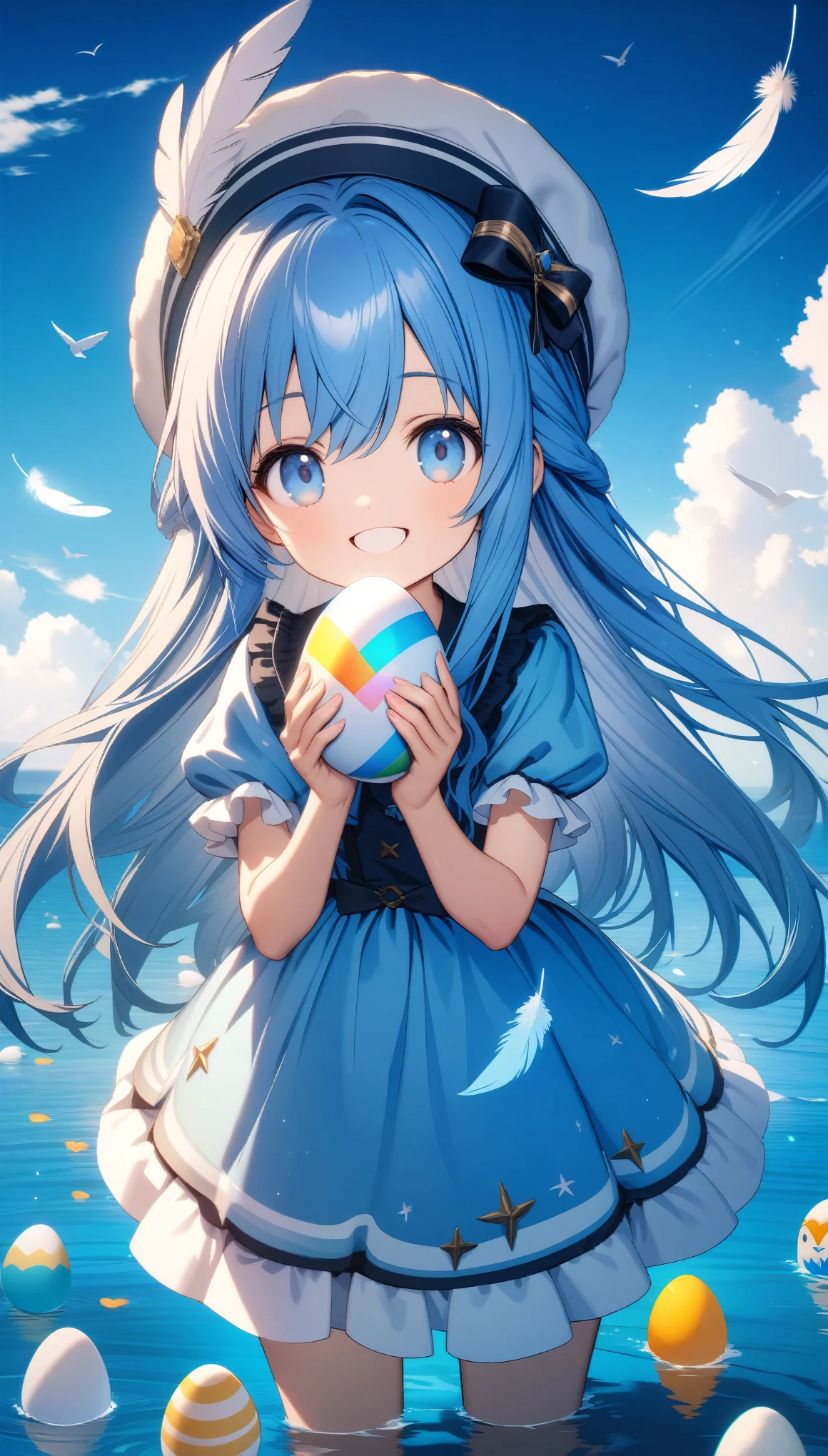 32k, best quality, ultra high res, HDR, UHD, extremely detailed CG, unity 32k wallpaper, A world full of eggs, 18-year-old, Holding a rainbow-colored egg in both hands, Very cute girl, Blue Hair, Long Hair, blue eyes, A beautiful and cute blue dress, from the front, A very beautiful sea background, Standing on the water, Particles that glow blue, bird, cloud, Egg with wings, Close your mouth and smile happily, Cute hat with feathers,