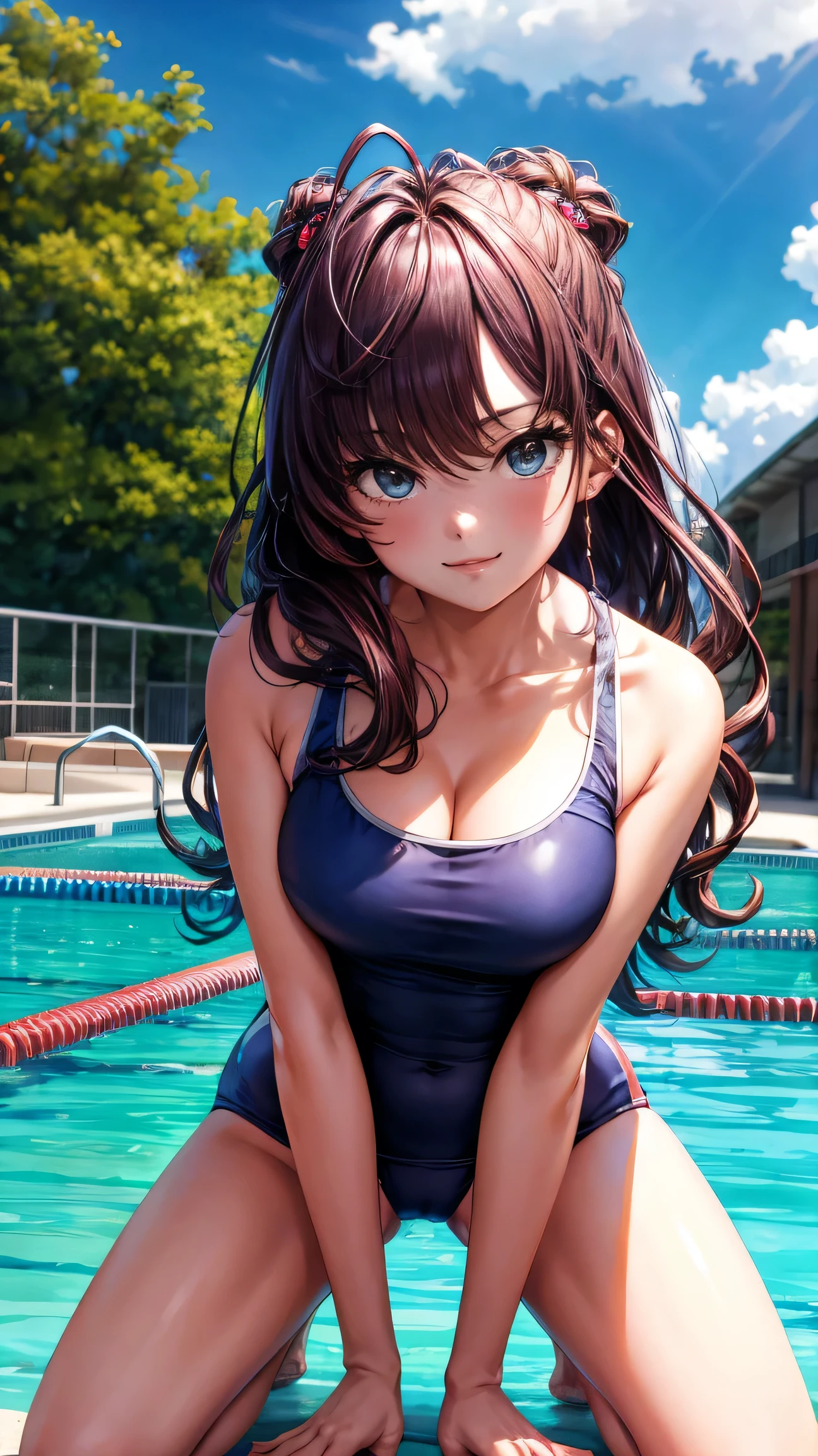 1lady, school swimsuit, clavicle, cleavage, bare arms, bare thighs, BREAK, legs apart, kneeling, leaning forward, cowboy shot, looking at viewer, light smile, detailed school swimming pool, outdoors, daytime, blue sky, scenery, BREAK, best quality, high quality, absurdres, ultra detailed, beautiful detailed face, beautiful moist multicolored eyes, all intricate, high resolution, HDR, extremely detailed CG unity 8k wallpaper, nice hands, perfect hands,