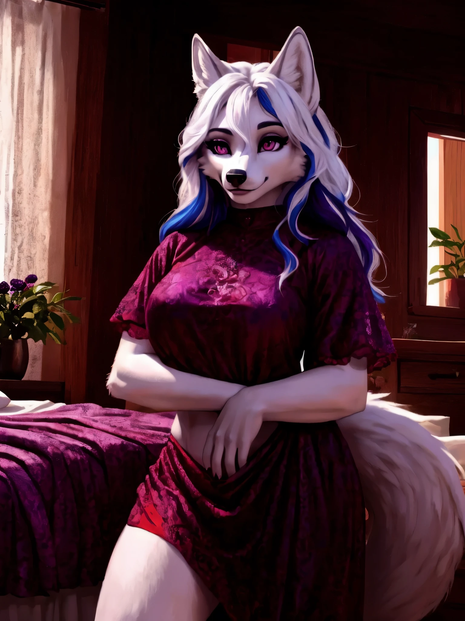 highly deColaed hands, (cuatro dedos del pie), cuerpo completo, foto, (Hyper realistic, 8K, Calidad superior:1.2), (high deColas, extremely deColaed, absurdos), obra maestra, hermoso y estetico, (blanco furry anthro wolf female:1.3), curvas, (tupido_Cola:1.3), ((ropa sexy morada, sexy, [falda morada], (sin dedos)_(hasta la rodilla)_blanco_medias:1.4)), (blanco hair con cyan highlights:1.2), cabello corto, cabellos blanco con azul, (corte lateral) Corte de pelo Shag, (piel realista:1.5), blanco arms, blanco belly, (blanco deColaed face:1.1), blanco head, blanco ears, blanco legs, (grandes ojos verdes brillantes, intricate eye deCola), delineadores de ojos, (garras verdes), senos grandes, sentada en su cama, habitacion femenina, [room::29], sonriente, day, (highly deColaed gym:1.1), sombreado realista, warm lighting, ultra deColaed facial features, intricate deColas