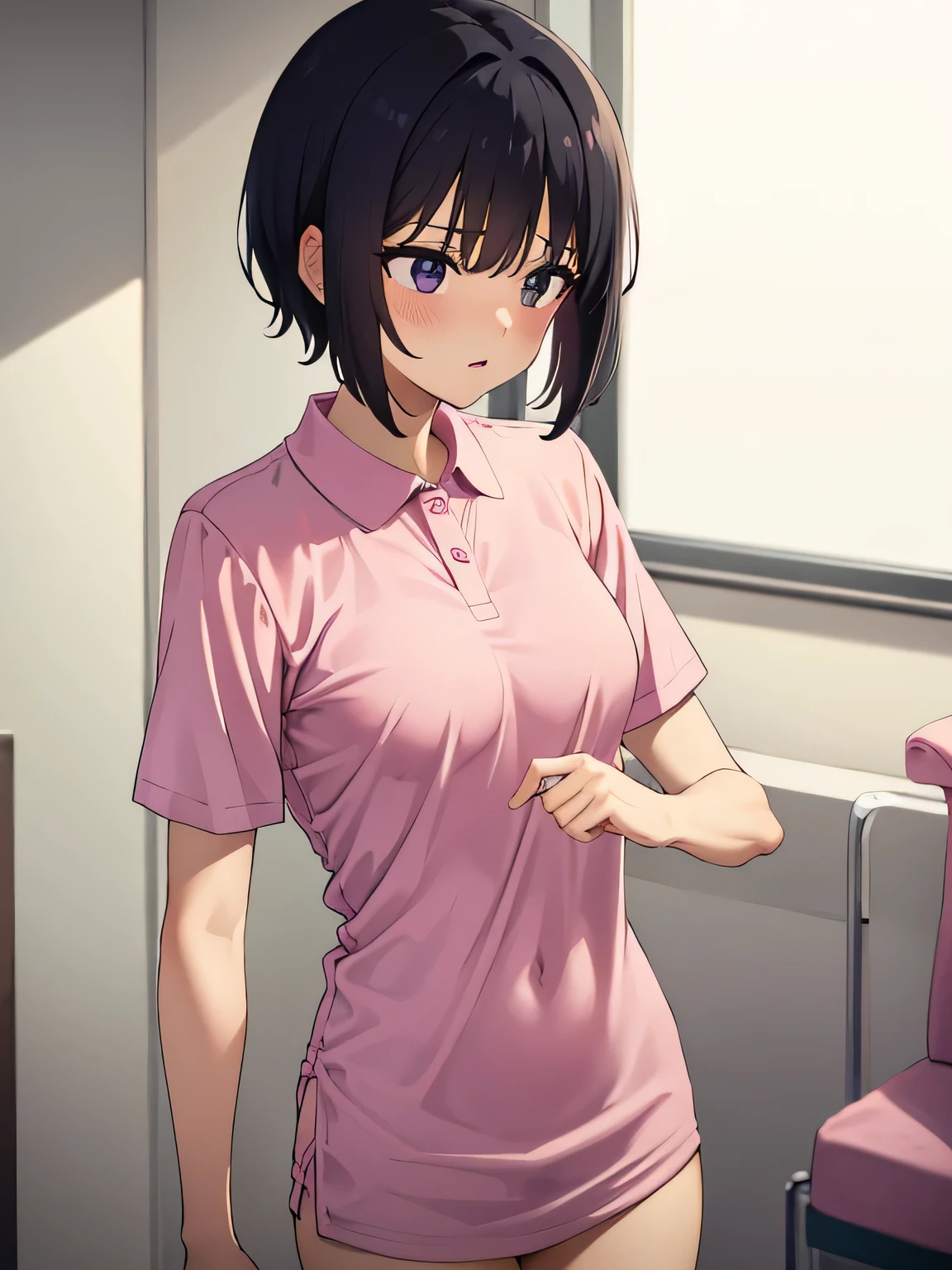 1. Beautiful woman in a pink polo shirt, short hair, Small breasts,Black Hair, Hospital Beautiful Cute High Quality Naked Short Sleeves No Bra No Panties Pubic Hair Perfect Hands Injection