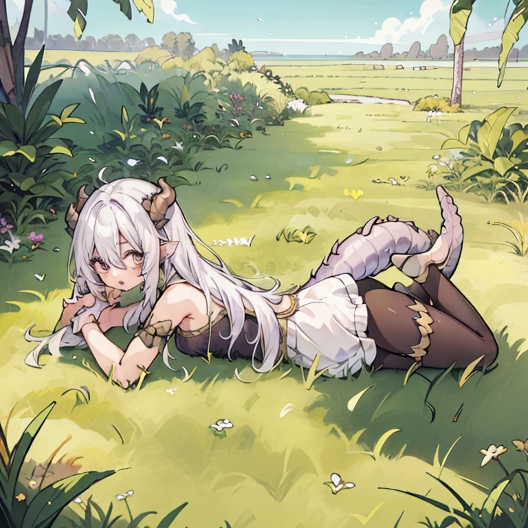 (1girl:1.5), solo, dragonian_head, dragonian_body, dragonian_hairstyle, dragonian_horns, ((dragonian_tail)), lying on stomach, grassland, 