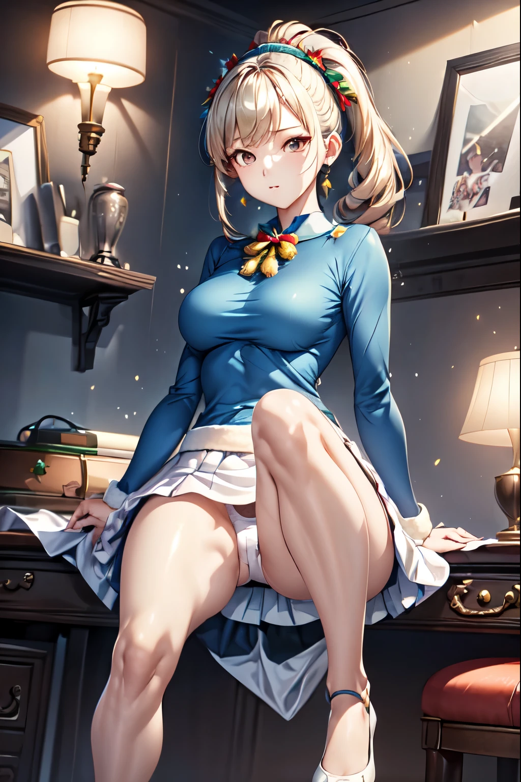 ((highest quality)), ((masterpiece)), (Miniskirt Santa Details), Perfect Face、Showing her panties on her knees、White panties:1.5、