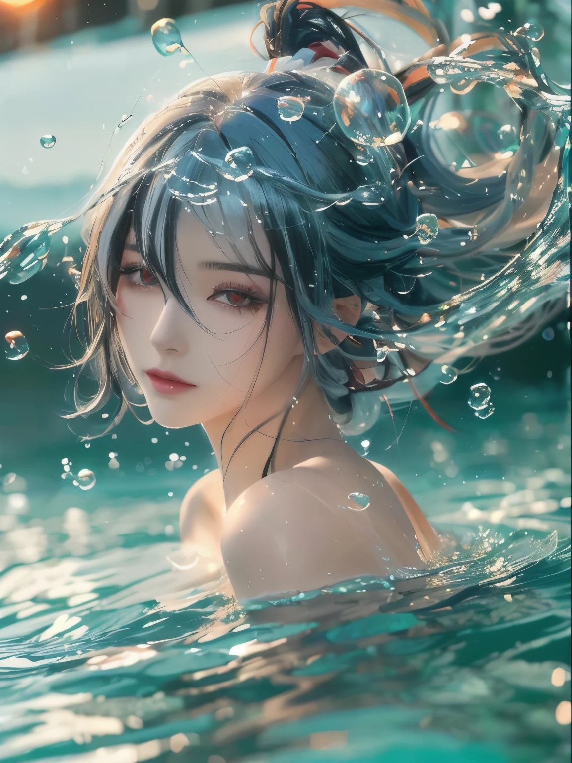 HD，masterpiece，high resolution，White hair,black hair,Colorful hair,Straight Hair,Long braids,Red eyes,Red X pupils,FlowingWaterStreams，Blisters，Beautiful shape of bubbles、Beautiful face，