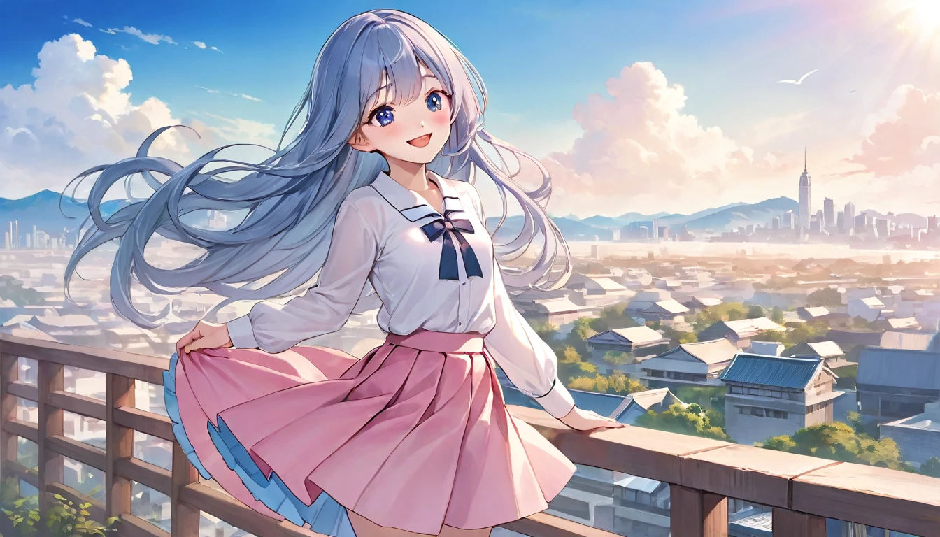  (Beautiful, gorgeous and cute Korean woman:1.3), (beautiful and cute korean:1.3), Korean beauty, Exquisite and beautiful hair、Eyes and face, Practical, Super detailed, beautiful girl, Blue sky, Glowing white particles, (Side Light:1.2), Sunlight, Baiyun, Detailed clouds, slim, Very cute big  and big butt, Smile with teeth bared, ((Smile with your eyes, Open your eyes)), landscape, Long and straight hair, Sexy facial expressions, architecture, (city View:1.7), Dynamic Hair, Long and straight hair, Fine platinum blue hair, Pink eyes, (Pink Pleated Shirt + Blue Skirt), White socks, Pale skin, Hair accessories, epic landscape, 