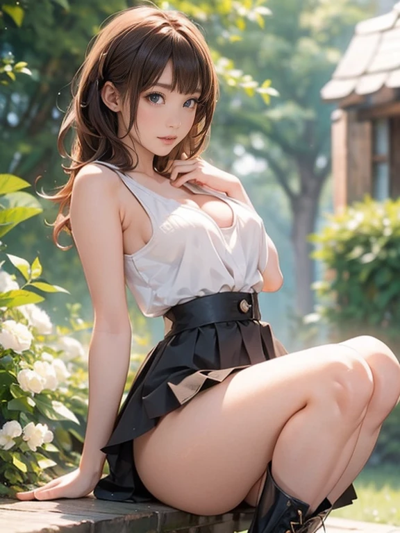 (Increase contrast)、(Increase saturation)、(27 year old super beautiful girl)、(Fair skin)Beautiful woman with perfect figure、Embarrassed face、long hair、Realistic eyes、Natural Makeup、(White tank top、Cleavage、Round and firm breasts)((Very short mini skirt、Knee-high boots)) Brown Hair、((Stylish cafe))((Bold、Obscene、Medium full shot from below and behind、between legs、sexy))