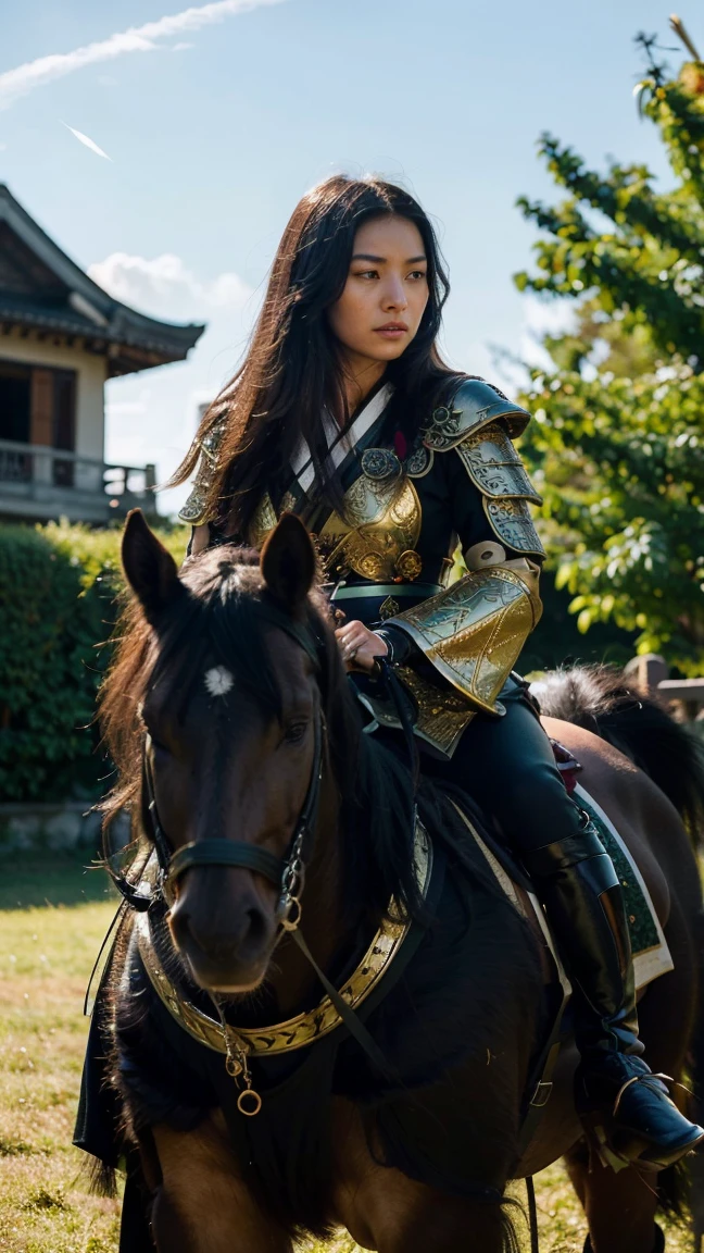 A stunning, high-quality photo of a Japanese woman dressed in exquisite black Samurai armor from the Tokugawa era. Her dark hair flows gracefully in the wind as she rides her black horse across a verdant village green hill. The armor is adorned with intricate details and a touch of red, highlighting her fierce and regal presence. The sky above her is filled with a soft, golden light, creating an air of mystique and beauty., photo