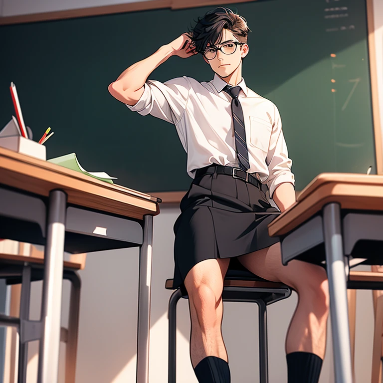 In the classroom，A male teacher in a hip-wrapped skirt sits on the podium 