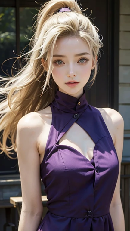 1 girl,more details in eyes,cute,looking at viewer, adorabel girl,half body,purple dress, cute face,details sky,pretty,young,juvenile,((masterpiece:1.4,best quality)),multiple details,blonde hair,eyeshadow,Yamanaka Ino from naruto, sfw,   