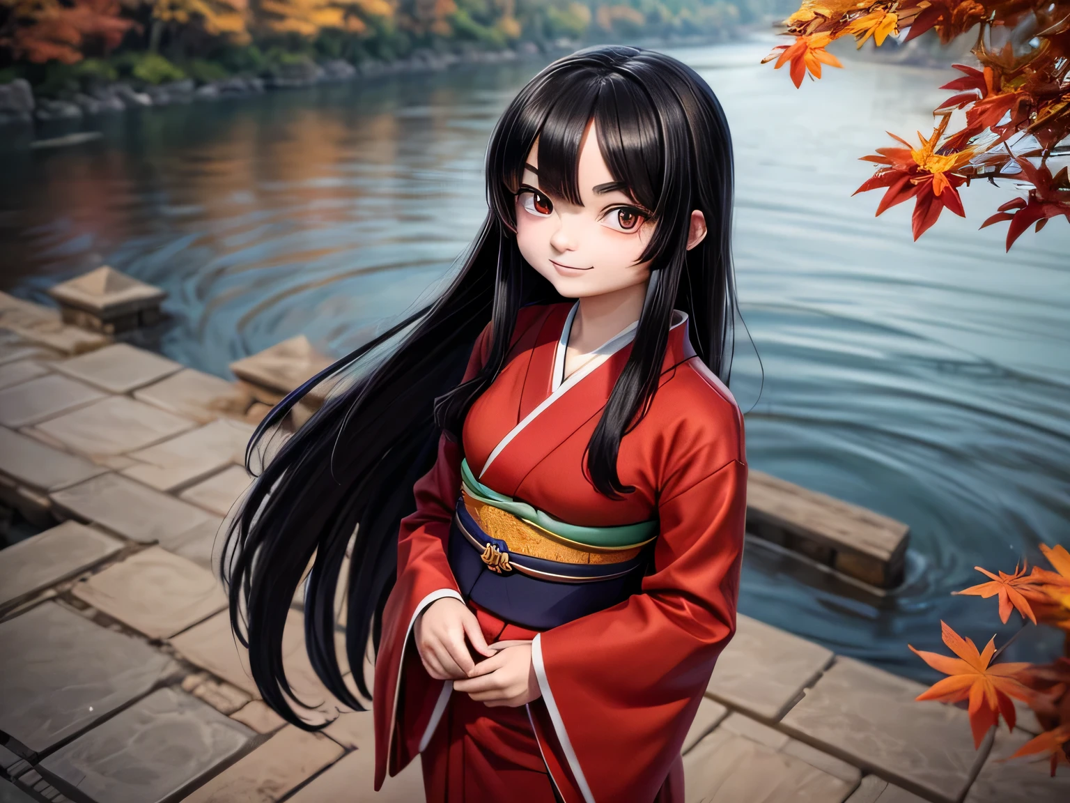 Large rivers,Girl standing on red bridge,blue sky,autumn leaves,Straight Hair,Long Hair,Black Hair,Dark Eyes,slanted eyes,18 years old,boyish,Thick eyebrows.Japanese,smile,Red kimono,High angle,