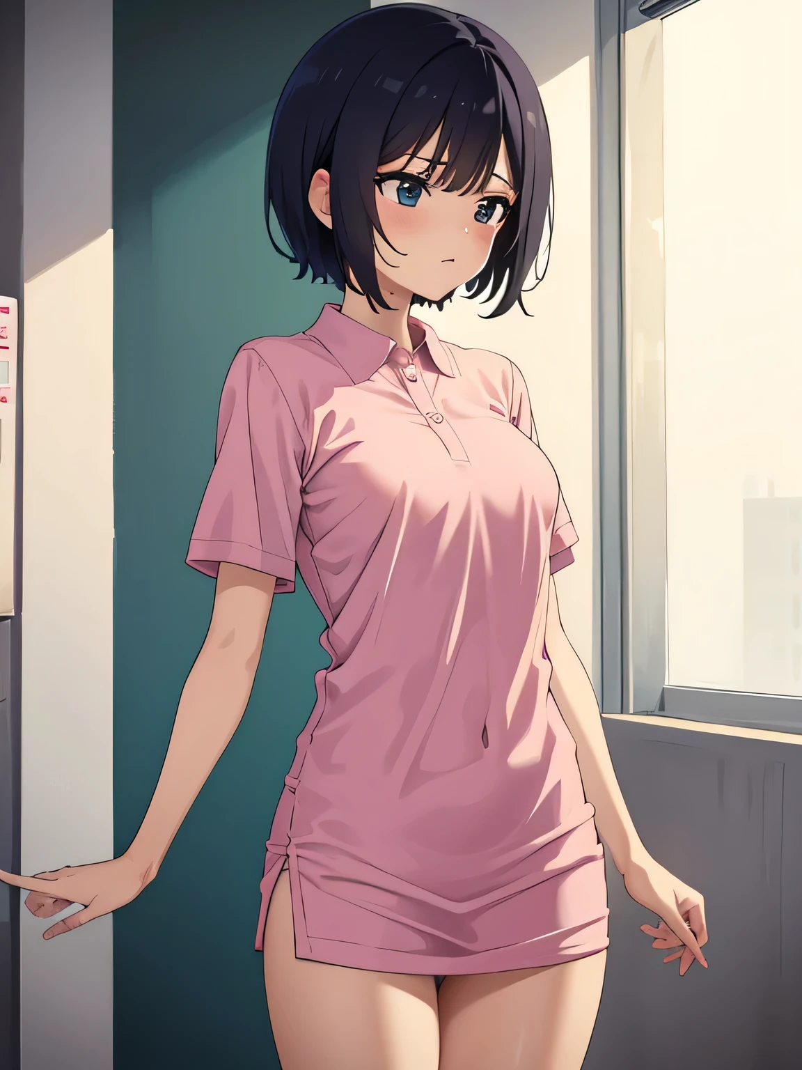 1. Beautiful woman in a pink polo shirt, short hair, Small breasts,Black Hair, Hospital Beautiful Cute High Quality Naked Short Sleeves No Bra No Panties Pubic Hair Perfect Hands Injection