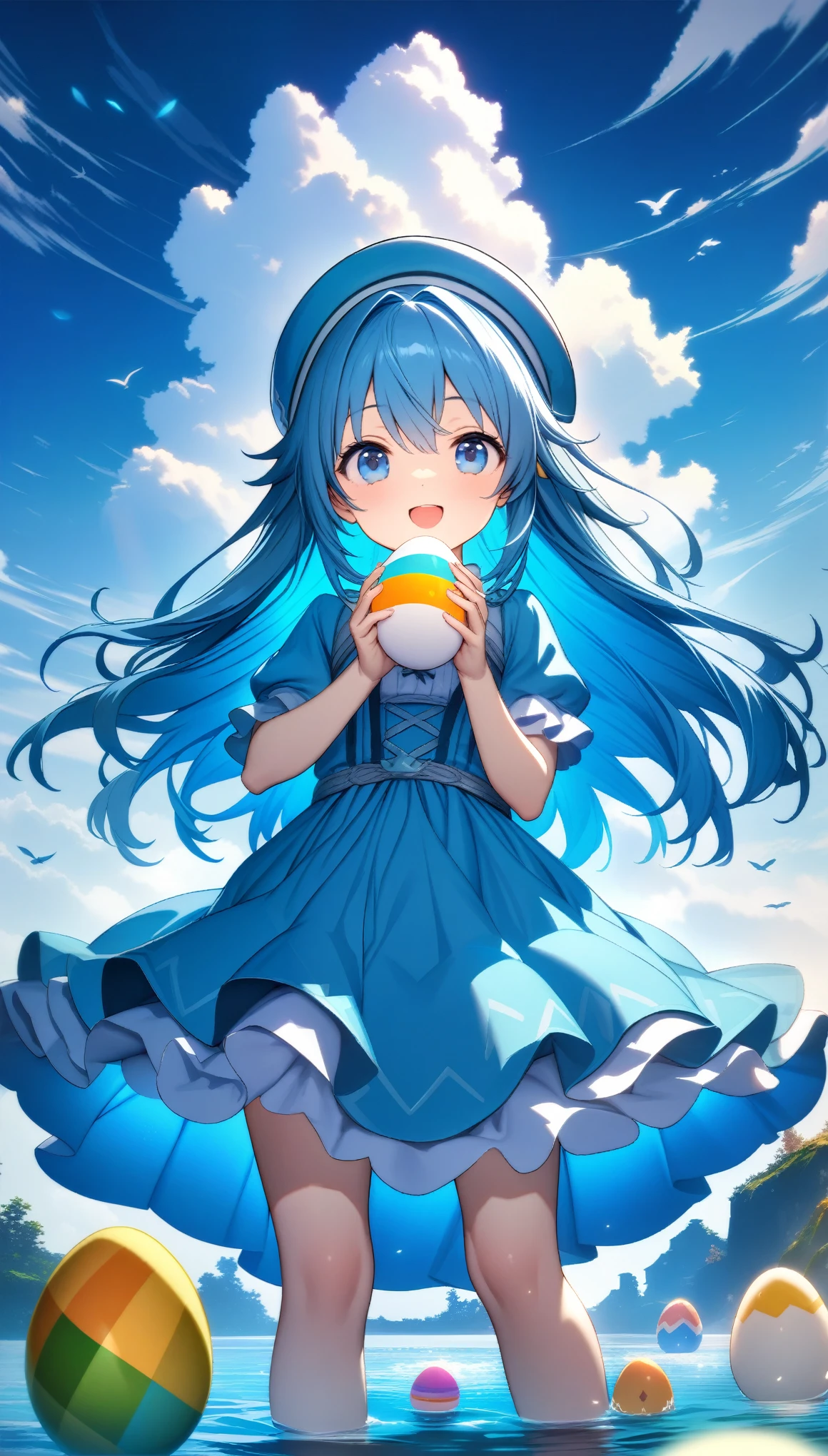 32k, best quality, ultra high res, HDR, UHD, extremely detailed CG, unity 32k wallpaper, A world full of eggs, 18-year-old, Holding a rainbow-colored egg in both hands, Very cute girl, Blue Hair, Long Hair, blue eyes, A beautiful and cute blue dress, from the front, A very beautiful sea background, Standing on the water, Particles that glow blue, bird, cloud, Egg with wings, Close your mouth and smile happily, Cute hat with feathers,  (wing), 