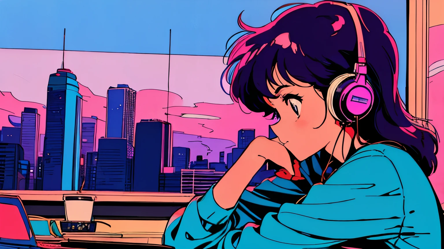 City pop style art,Purple Hair,, Wearing headphones, Futuristic yet lo-fi, Retro, Vintage, Ghost,masterpiece, (( Side Shot)), Sit at a desk and concentrate on studying, Laptop and coffee on the desk, Morning Glow (( dawn )), (( Looking down ))