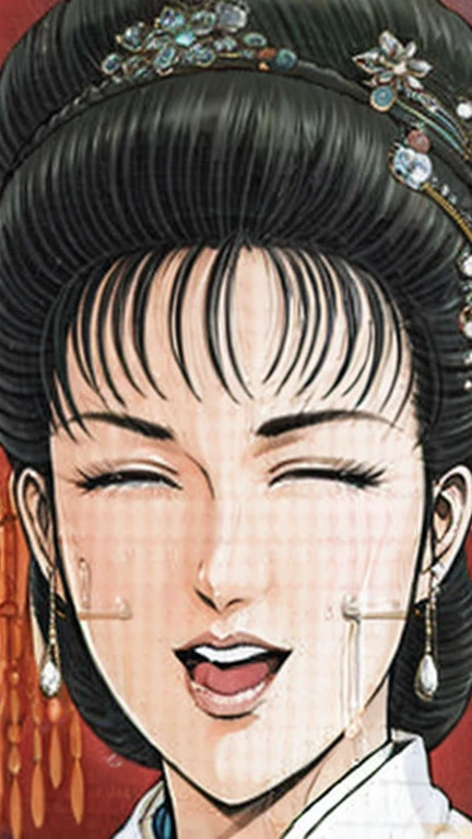 (best quality), (very aesthetic), (ultra-detailed), (best illustration),a mature female,Perfect Face,Suikoden,Mrs. Lin,(full_body),big breast,red cheek,Large drops of sweat are pouring from the whole body,skinny, chinese traditional lingerie,chinese traditional style bed,She opens her mouth wide and closes her eyes, moaning with pleasure.