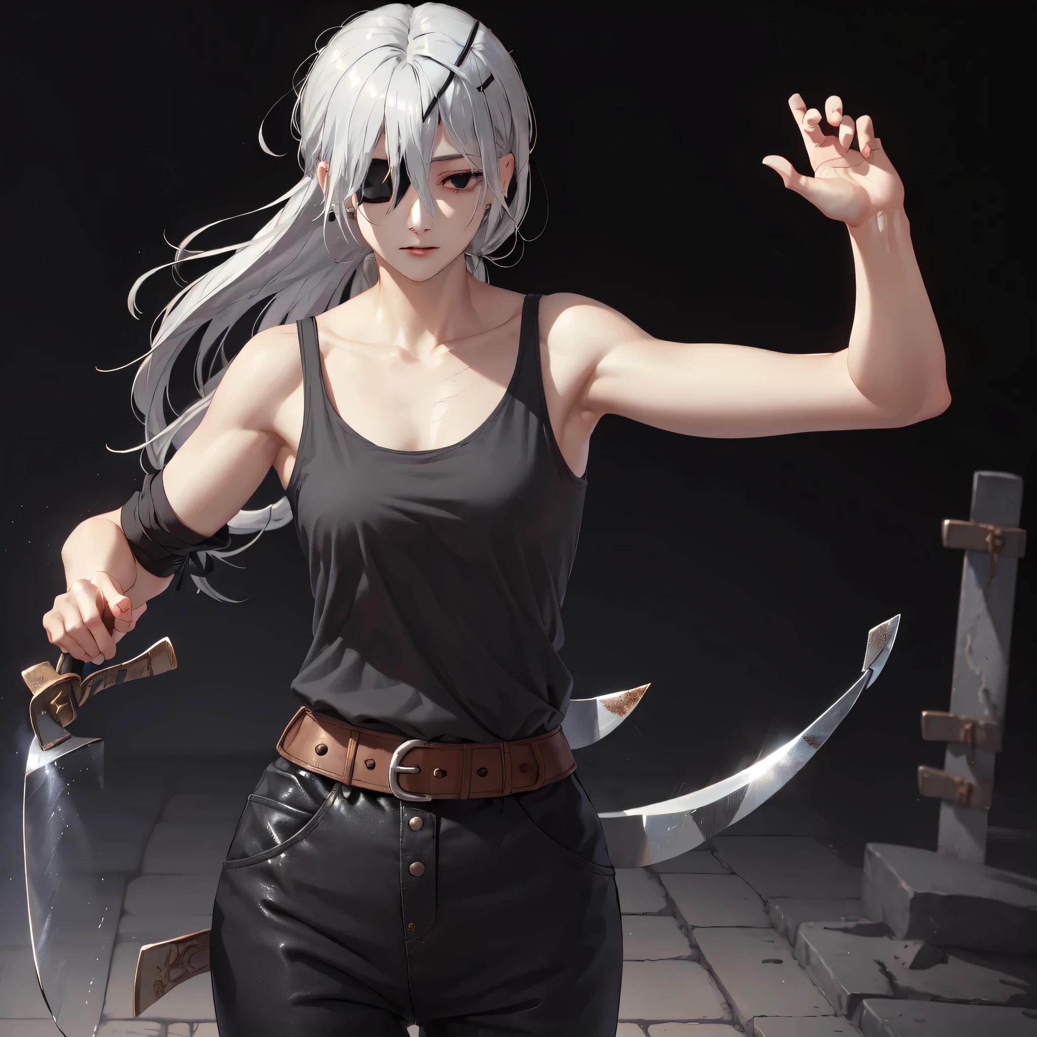 High quality, high detail, beautiful, beautiful face, white skin, sleepy eyes, black eyes, calm facial features, black eyepatch on the left eye, medium-length silver hair, slim, athletic body, black shirt with cut-off sleeves،Black pants, three swords at her waist, holding a sword, warrior pose, bloody background ، one girl 