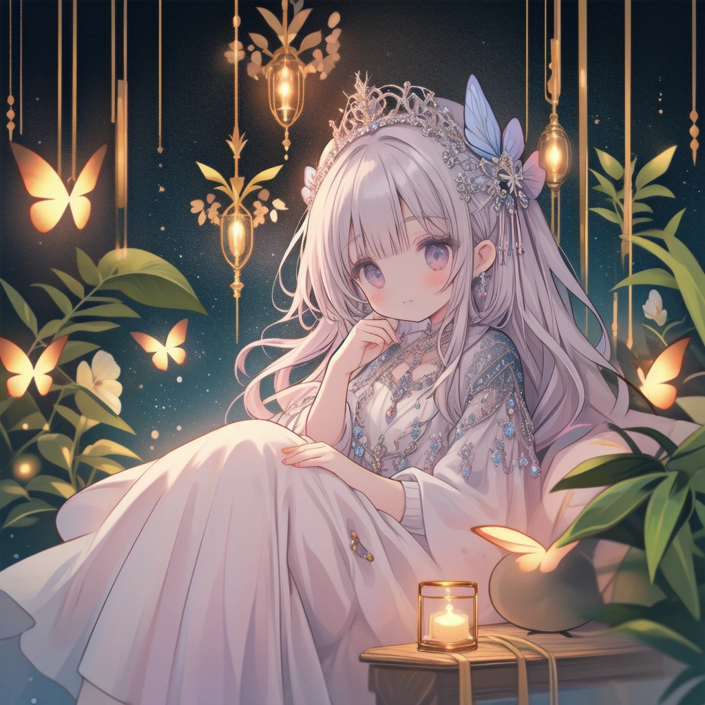 natural lighting, soft smile, seductive grin, upturned cheeks, half up-do, floating hair, coquettish hair, slightly shining hair, dress, silk, satin, silky gloss, 1girl, solo, evening, starry sky, spring ephemerals, profile, crystal, glassy gloss, amorphous dress, tropical bird, fire fly, lighting fly, butter fly, morpho, jewelry, ornaments, antique,