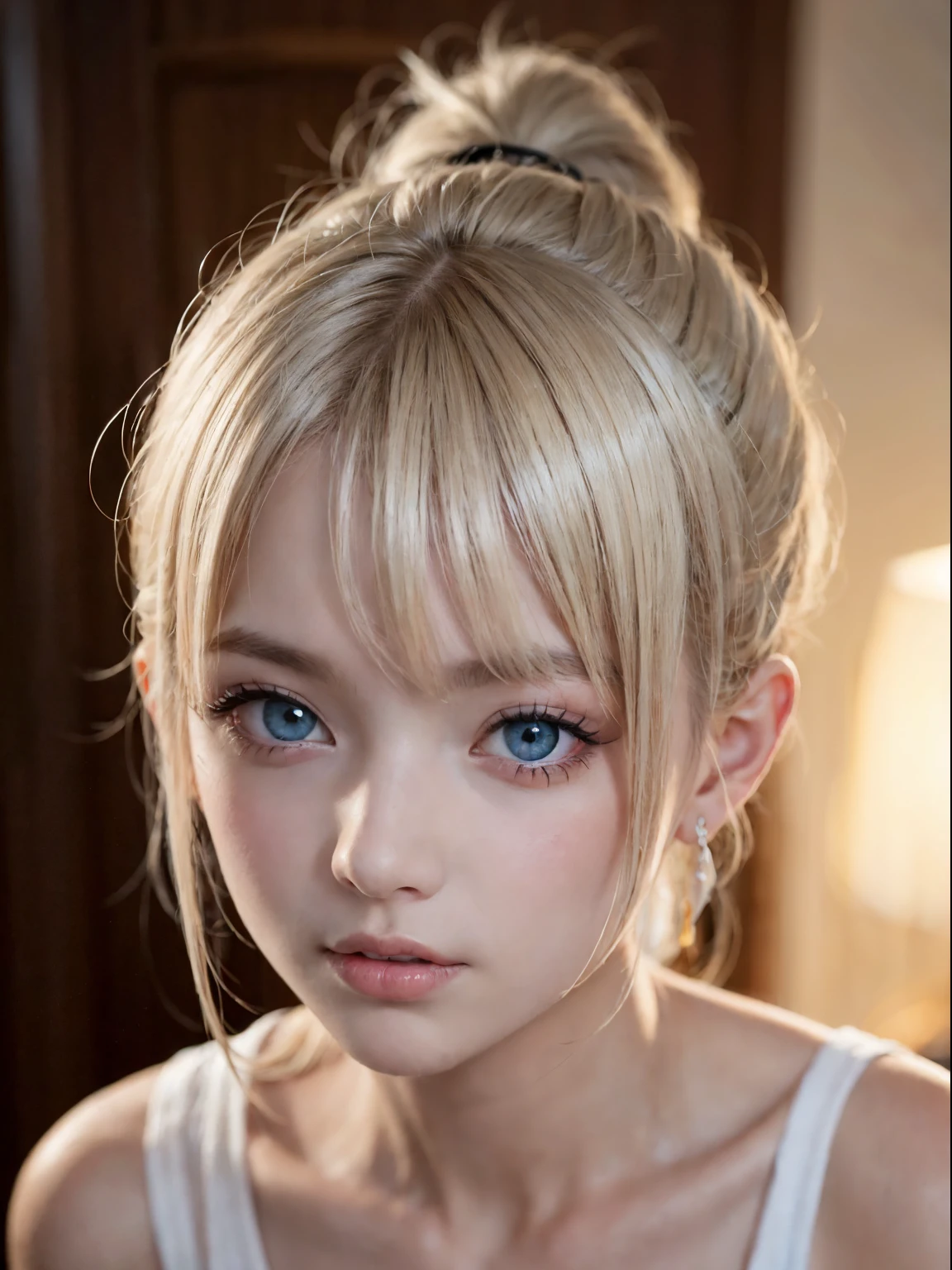 Bright expression、Photorealism、highest quality、超A high resolution、picture、Photos of the most beautiful Scandinavian girls、A cute and beautiful face down to the last detail、Small Face、(Purelos Face_v1:0.008)、Beautiful Bangs、Alice in Wonderland、17 years old、Glowing White Skin、ponytail、Bangs on the face、Bans、Hair between the eyes、Super long hair、Glamorous light platinum blonde super long silky hair、Beautiful bright transparent light blue big eyes that are charming and shining、、、eyeliner、double eyelid、Ample breasts