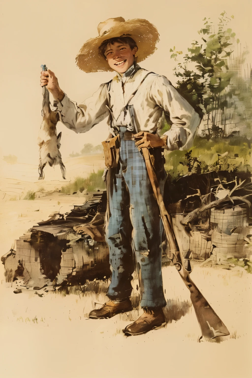 Huckleberry Finn, a thirteen-year-old boy with a rugged appearance, dressed in the castoff clothes of full-grown men, holding a  hunting gun in left hand, and holding down a rabbit's foot in the right hand, smiling defiantly. His hat is a vast ruin with a wide crescent lopped out of its brim. He wears a coat that hangs nearly to his heels, with rearward buttons far down the back. His trousers are baggy and supported by one suspender, with fringed legs dragging in the dirt. He is barefoot, symbolizing his free-spirited nature., in the 19th century field with trees, blue sky. colorful vivid painting.