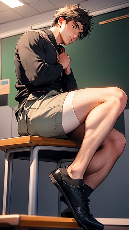 In the classroom，A male teacher in a hip-wrapped skirt sits on the podium 