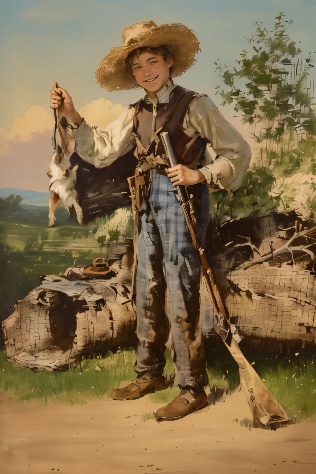 Huckleberry Finn, a thirteen-year-old boy with a rugged appearance, dressed in the castoff clothes of full-grown men, holding a hunting gun in left hand, and holding down a rabbit's foot in the right hand, smiling defiantly. His hat is a vast ruin with a wide crescent lopped out of its brim. He wears a coat that hangs nearly to his heels, with rearward buttons far down the back. His trousers are baggy and supported by one suspender, with fringed legs dragging in the dirt. He is barefoot, symbolizing his free-spirited nature., in the 19th century field with trees, blue sky. colorful vivid painting.