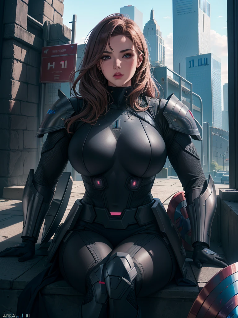 Armor Warriors, A lively city, (Inspired by the Avengers), Armor Suit, sit down, (8k, RAW Photos, Realistic: 1, 25), (Lots of lip gloss, Lots of eyelashes, Better Quality, Ultra-high resolution, Depth of written boundary, chromatic aberration, Broadlight, Colnatural, Vision (1:2)