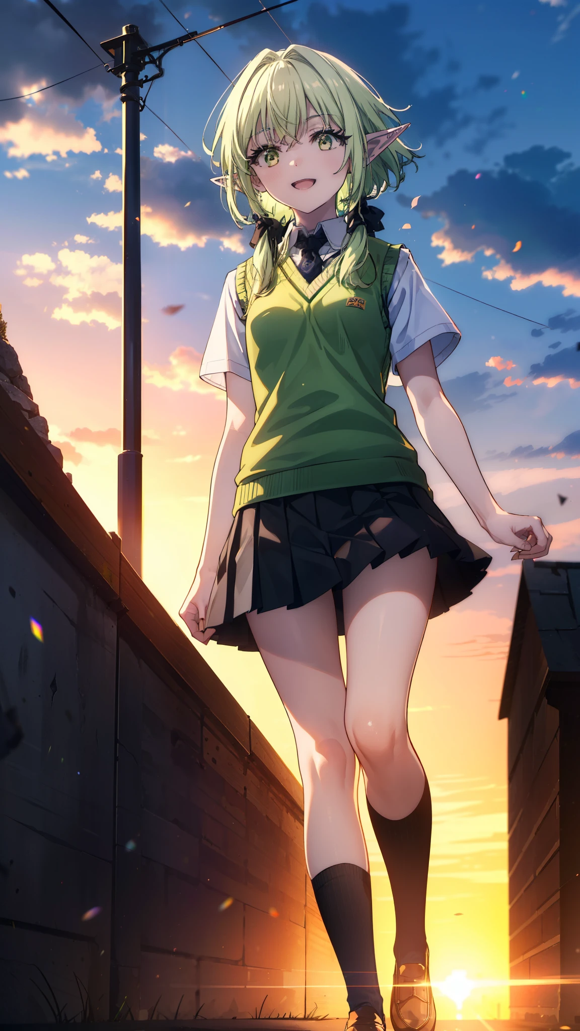 High Goblin Archer, high goblin archer, Long Hair, (Green Eyes:1.5), bow, hair bow, black bow, Side Lock, Green Hair, Pointy Ears, happy smile, smile, Open your mouth,white yシャツ, Short sleeve, Pleated skirt, socks, Collared shirt, mini skirt, White knee socks, (Black Skirt:1.5), Sweater vest, (green Sweater vest:1.5),Brown Loafers,sunset,evening,The sun goes down,whole bodyがイラストに入るように,Walking,Looking down from above,
break outdoors, city,Building Street,
break looking at viewer, whole body,
break (masterpiece:1.2), highest quality, High resolution, unity 8k wallpaper, (shape:0.8), (Fine and beautiful eyes:1.6), Highly detailed face, Perfect lighting, Highly detailed CG, (Perfect hands, Perfect Anatomy),
