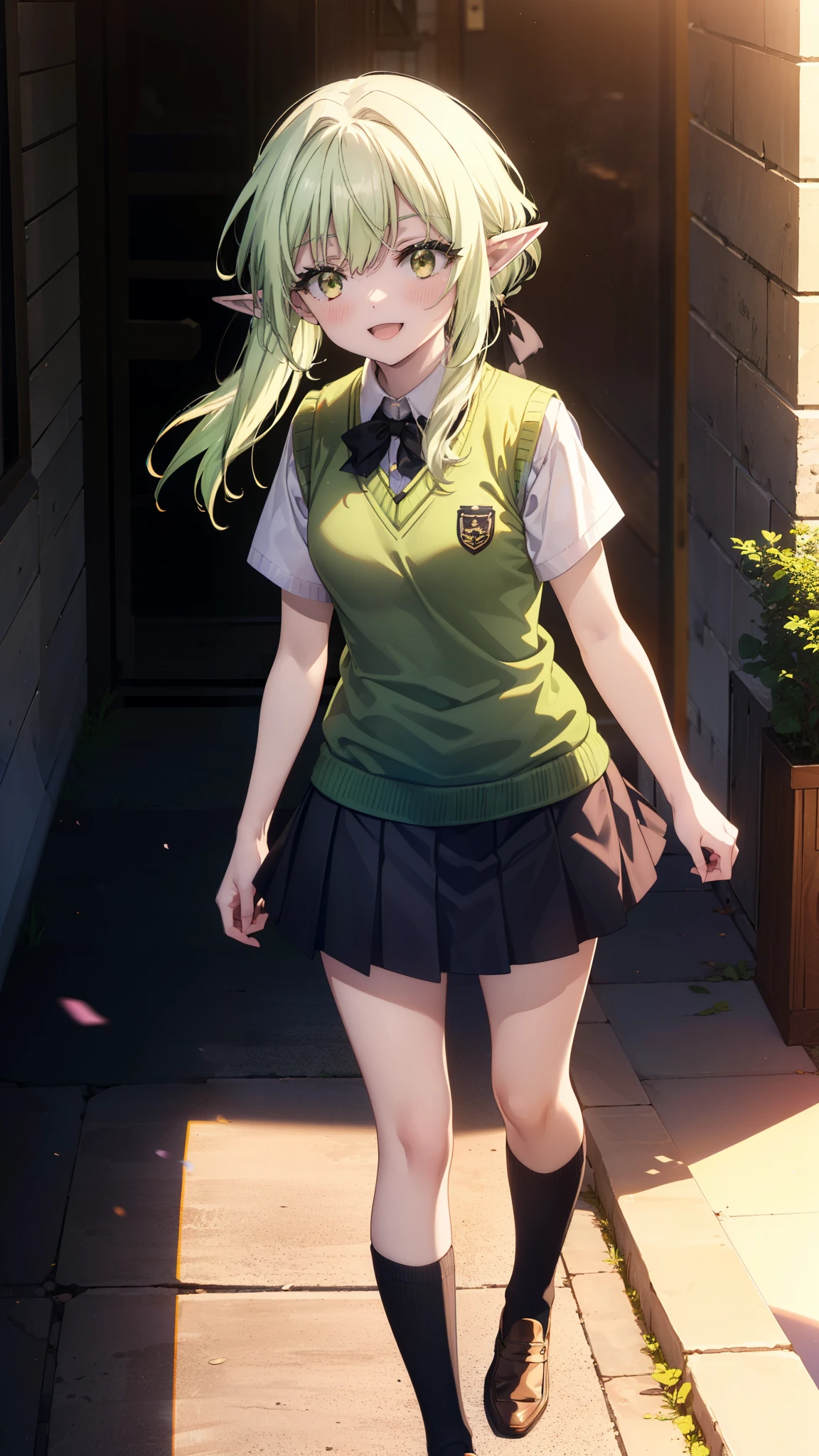 High Goblin Archer, high goblin archer, Long Hair, (Green Eyes:1.5), bow, hair bow, black bow, Side Lock, Green Hair, Pointy Ears, happy smile, smile, Open your mouth,white yシャツ, Short sleeve, Pleated skirt, socks, Collared shirt, mini skirt, White knee socks, (Black Skirt:1.5), Sweater vest, (green Sweater vest:1.5),Brown Loafers,sunset,evening,The sun goes down,whole bodyがイラストに入るように,Walking,Looking down from above,
break outdoors, city,Building Street,
break looking at viewer, whole body,
break (masterpiece:1.2), highest quality, High resolution, unity 8k wallpaper, (shape:0.8), (Fine and beautiful eyes:1.6), Highly detailed face, Perfect lighting, Highly detailed CG, (Perfect hands, Perfect Anatomy),