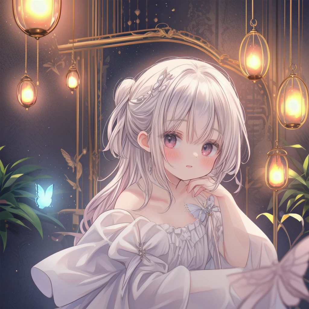 natural lighting, soft smile, seductive grin, upturned cheeks, half up-do, floating hair, coquettish hair, slightly shining hair, dress, silk, satin, silky gloss, 1girl, solo, evening, starry sky, spring ephemerals, profile, crystal, glassy gloss, amorphous dress, tropical bird, fire fly, lighting fly, butter fly, morpho, jewelry, ornaments, antique,