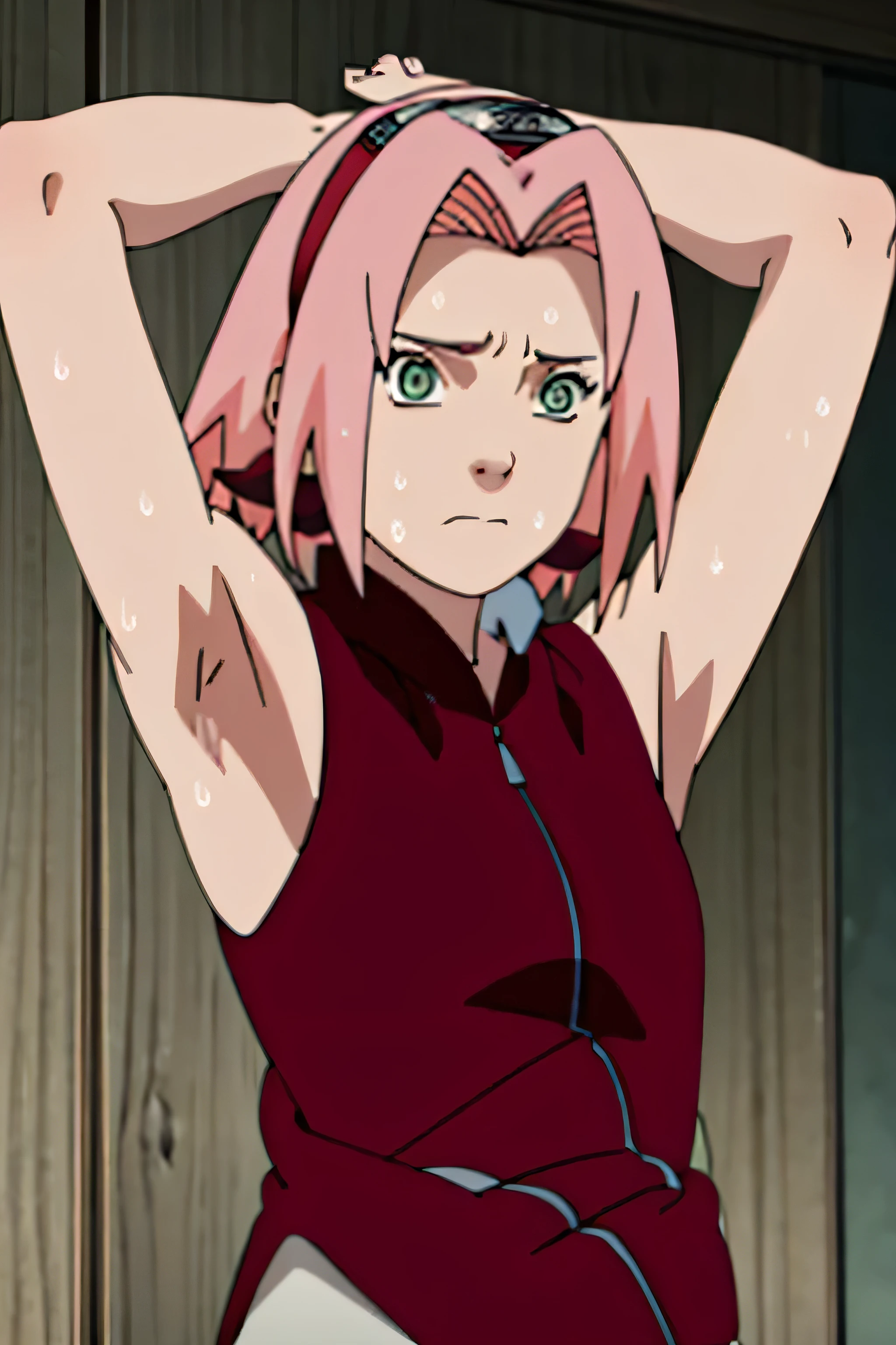 sakura haruno, sleeveless, red jacket, forehead protector, konohagakure symbol, arms behind head, armpits, showing armpits, posing, green eyes, perfect proportions, sakura shippuden,sleeveless,armpits,arms up,armpit,sweaty armpit,arms behind head,awesome armpits,sweat,sweaty,exhausted,exhaustion