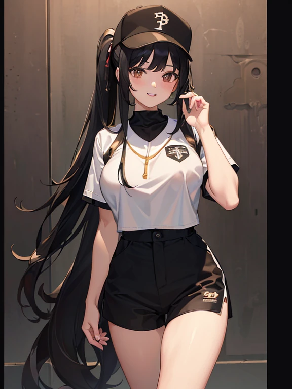 ((masterpiece, best quality, highest quality, ultra-detailed, 32K cg wallpaper, high resolution)),1 woman,black hair,brown eye,very long ponytail hair,swept bangs,gigantic breasts,smile,parted lips,black cap,white baseball uniform, white shorts, short shorts, standing,from left in front,stadium,