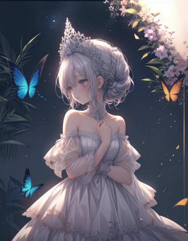 natural lighting, soft smile, seductive grin, upturned cheeks, half up-do, floating hair, coquettish hair, slightly shining hair, dress, silk, satin, silky gloss, 1girl, solo, evening, starry sky, spring ephemerals, profile, crystal, glassy gloss, amorphous dress, tropical bird, fire fly, lighting fly, butter fly, morpho, jewelry, ornaments, antique,